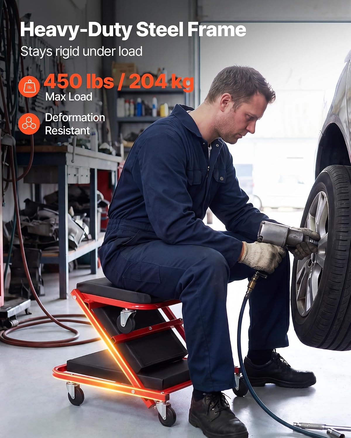 image:imageVEVOR Foldable Z Garage Creeper 40 in 450 lbs Load Capacity Rolling Folding Mechanic Creeper Stool with 6 Universal Wheels Padded Seat Steel Frame Lay Down or Sit Chair for Garage Shop or HomeRedBlack