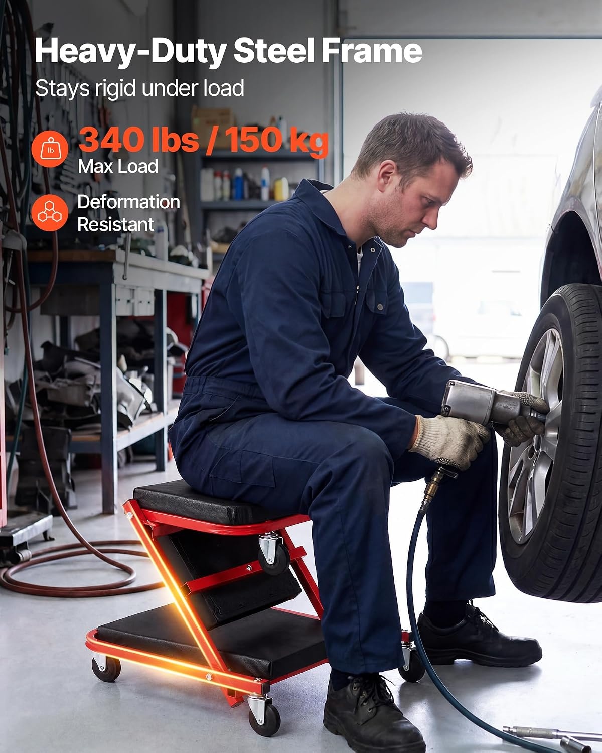 image:imageVEVOR Foldable Z Garage Creeper 40 in 450 lbs Load Capacity Rolling Folding Mechanic Creeper Stool with 6 Universal Wheels Padded Seat Steel Frame Lay Down or Sit Chair for Garage Shop or HomeRedBlack