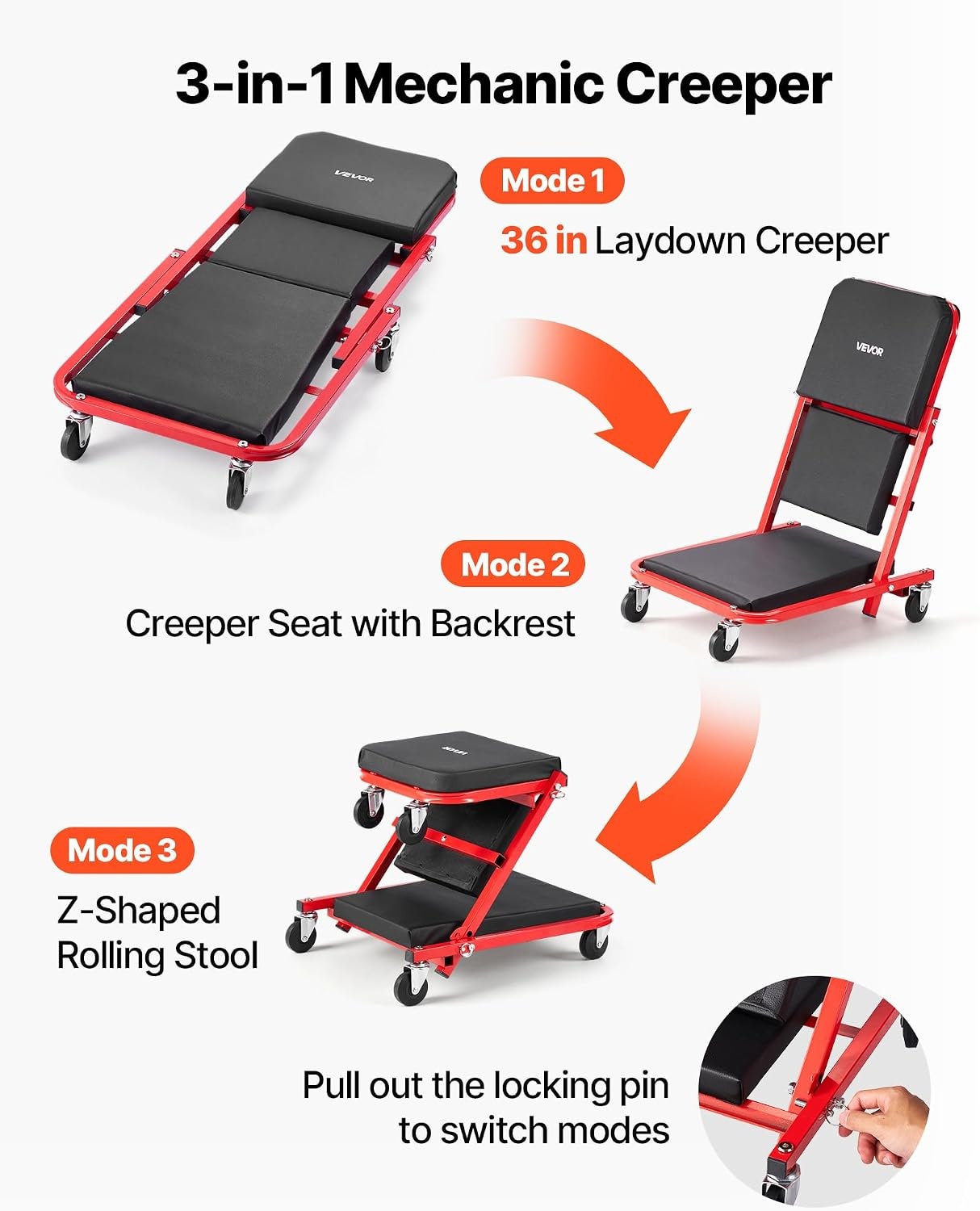 image:imageVEVOR Foldable Z Garage Creeper 40 in 450 lbs Load Capacity Rolling Folding Mechanic Creeper Stool with 6 Universal Wheels Padded Seat Steel Frame Lay Down or Sit Chair for Garage Shop or HomeRedBlack