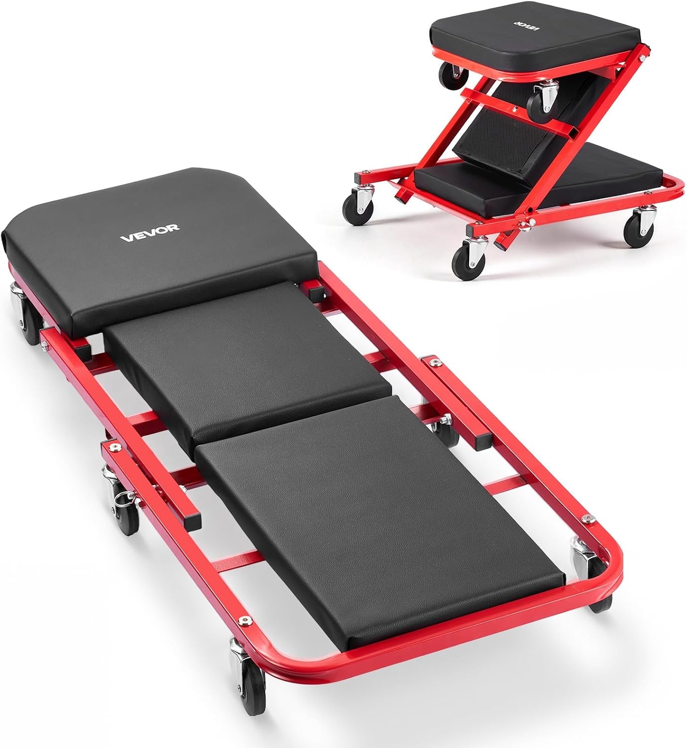 image:imageVEVOR Foldable Z Garage Creeper 40 in 450 lbs Load Capacity Rolling Folding Mechanic Creeper Stool with 6 Universal Wheels Padded Seat Steel Frame Lay Down or Sit Chair for Garage Shop or HomeRedBlack