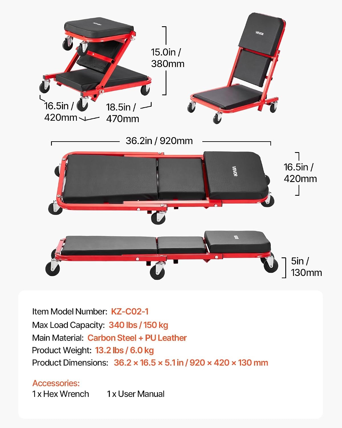 image:imageVEVOR Foldable Z Garage Creeper 40 in 450 lbs Load Capacity Rolling Folding Mechanic Creeper Stool with 6 Universal Wheels Padded Seat Steel Frame Lay Down or Sit Chair for Garage Shop or HomeRedBlack