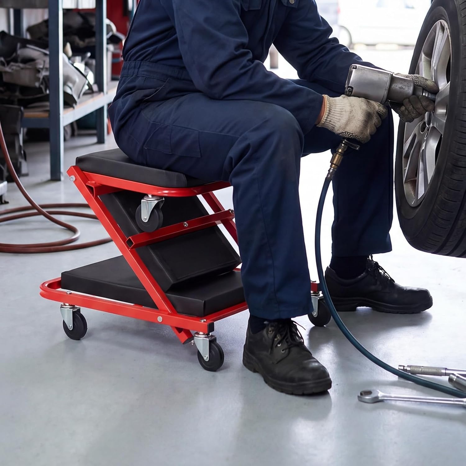 image:imageVEVOR Foldable Z Garage Creeper 40 in 450 lbs Load Capacity Rolling Folding Mechanic Creeper Stool with 6 Universal Wheels Padded Seat Steel Frame Lay Down or Sit Chair for Garage Shop or HomeRedBlack