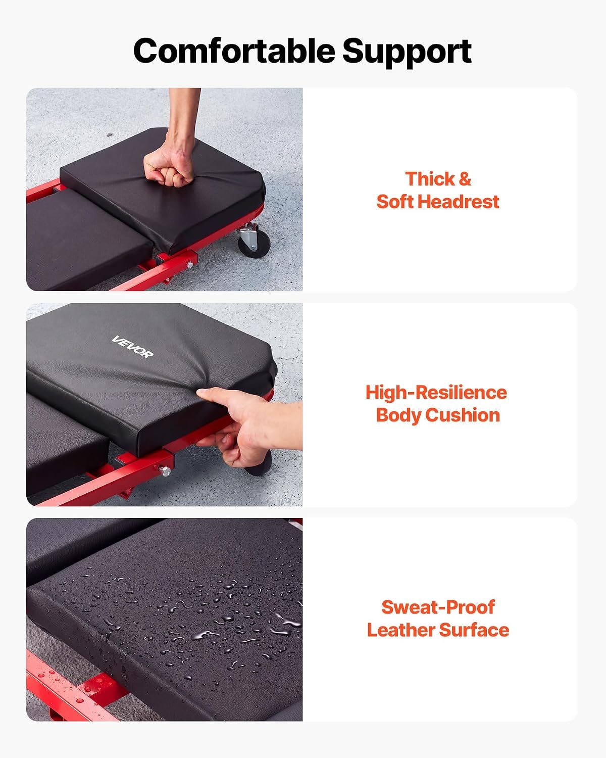 image:imageVEVOR Foldable Z Garage Creeper 40 in 450 lbs Load Capacity Rolling Folding Mechanic Creeper Stool with 6 Universal Wheels Padded Seat Steel Frame Lay Down or Sit Chair for Garage Shop or HomeRedBlack