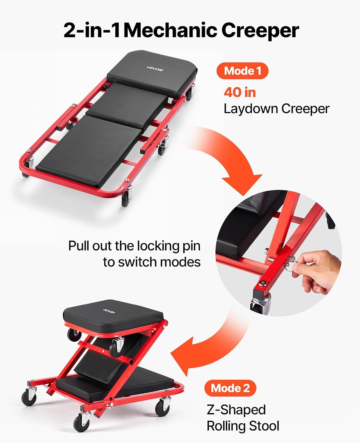 image:imageVEVOR Foldable Z Garage Creeper 40 in 450 lbs Load Capacity Rolling Folding Mechanic Creeper Stool with 6 Universal Wheels Padded Seat Steel Frame Lay Down or Sit Chair for Garage Shop or HomeRedBlack