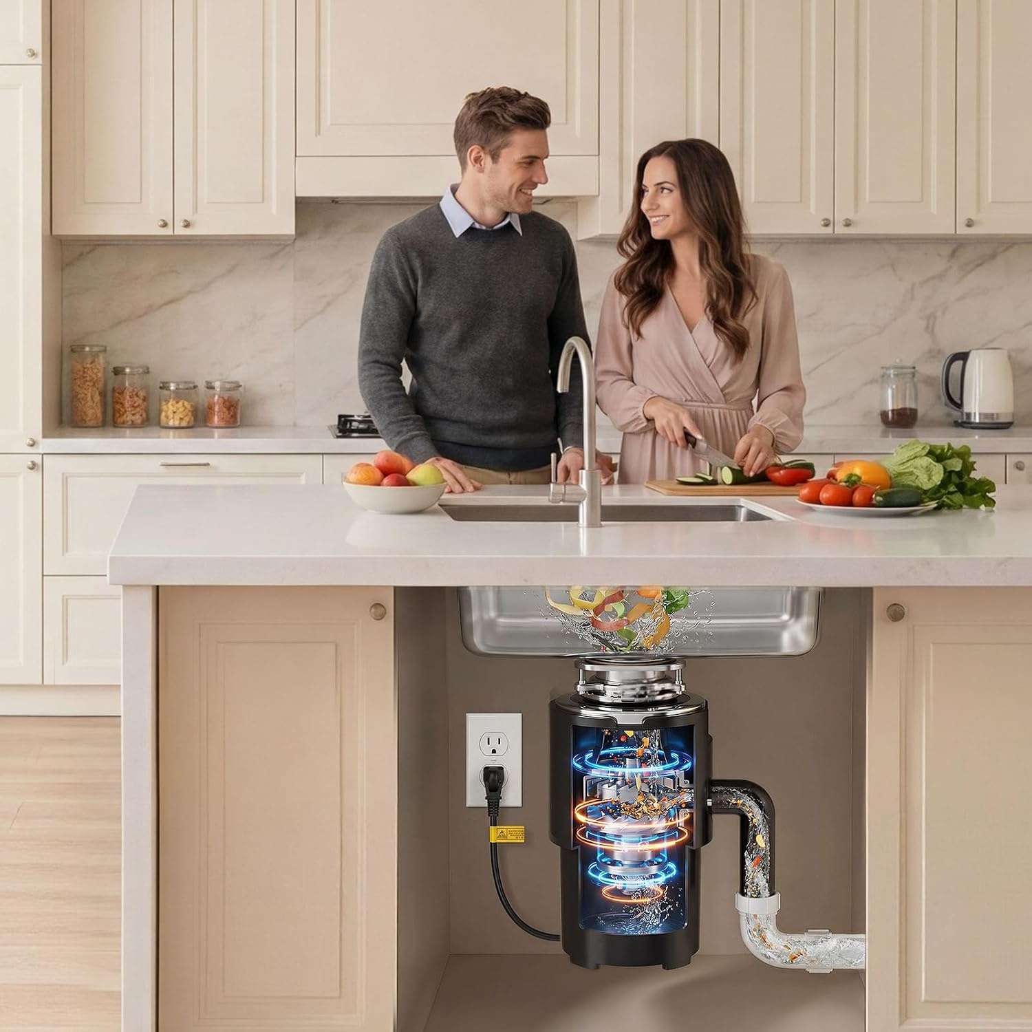 image:imageVEVOR Food Waste Garbage Disposal 34HP 1500RPM AC Motor Continuous Feed Kitchen Sink Garbage Disposer 3Bolt Mount Food Waste Grinding System with Splash Guard amp Power Cord for Kitchens34HP 1500RPM