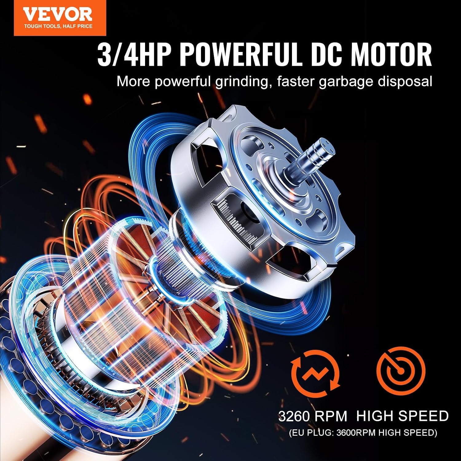 image:imageVEVOR Food Waste Garbage Disposal 34HP 1500RPM AC Motor Continuous Feed Kitchen Sink Garbage Disposer 3Bolt Mount Food Waste Grinding System with Splash Guard amp Power Cord for Kitchens34 HP 3260RPM