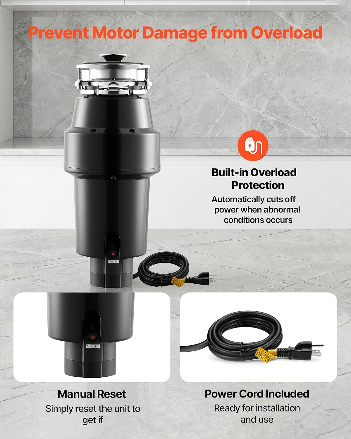 image:imageVEVOR Food Waste Garbage Disposal 34HP 1500RPM AC Motor Continuous Feed Kitchen Sink Garbage Disposer 3Bolt Mount Food Waste Grinding System with Splash Guard amp Power Cord for Kitchens1HP 3700RPM