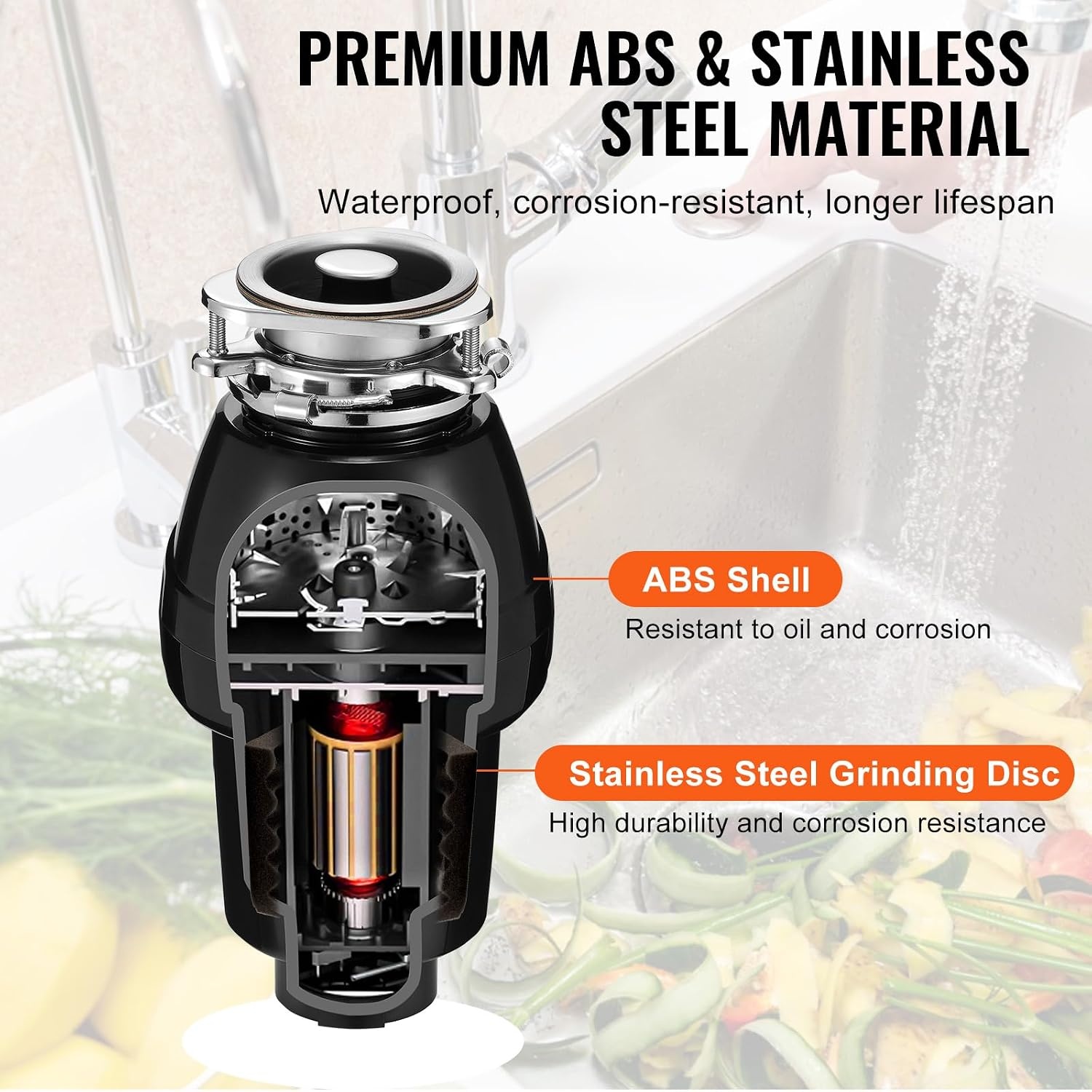 image:imageVEVOR Food Waste Garbage Disposal 34HP 1500RPM AC Motor Continuous Feed Kitchen Sink Garbage Disposer 3Bolt Mount Food Waste Grinding System with Splash Guard amp Power Cord for Kitchens12 HP 3450RPM