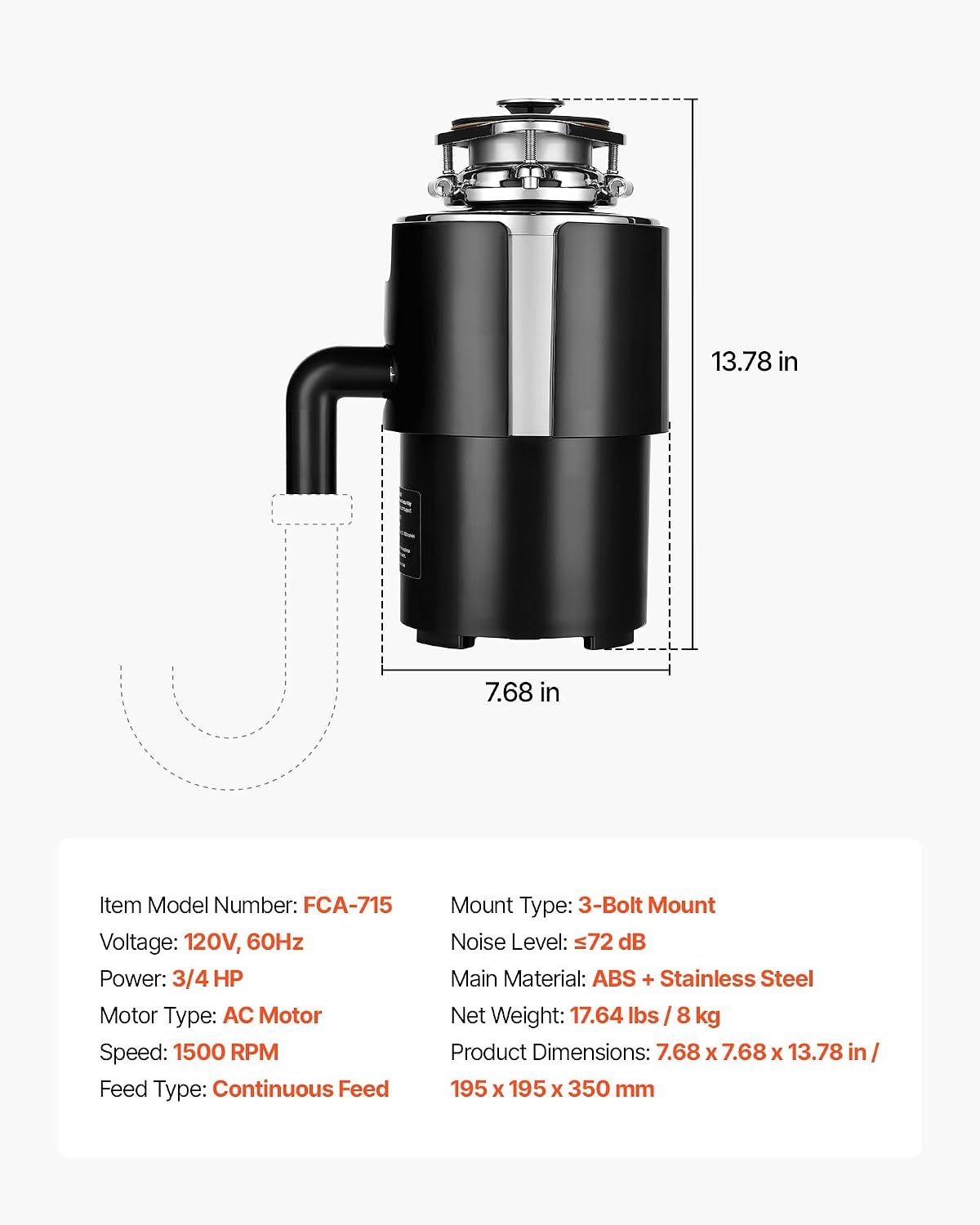 image:imageVEVOR Food Waste Garbage Disposal 34HP 1500RPM AC Motor Continuous Feed Kitchen Sink Garbage Disposer 3Bolt Mount Food Waste Grinding System with Splash Guard amp Power Cord for Kitchens34HP 1500RPM