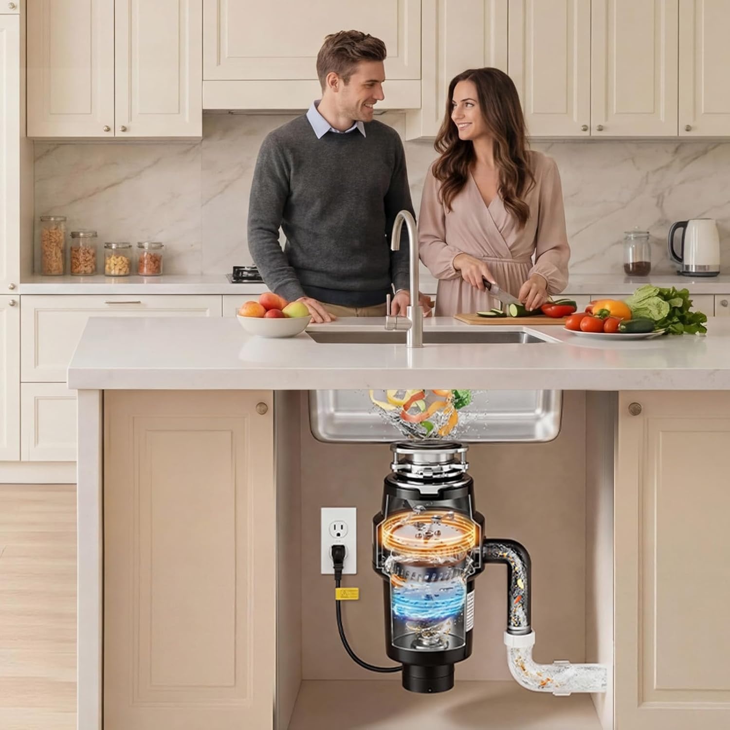 image:imageVEVOR Food Waste Garbage Disposal 34HP 1500RPM AC Motor Continuous Feed Kitchen Sink Garbage Disposer 3Bolt Mount Food Waste Grinding System with Splash Guard amp Power Cord for Kitchens1HP 3700RPM