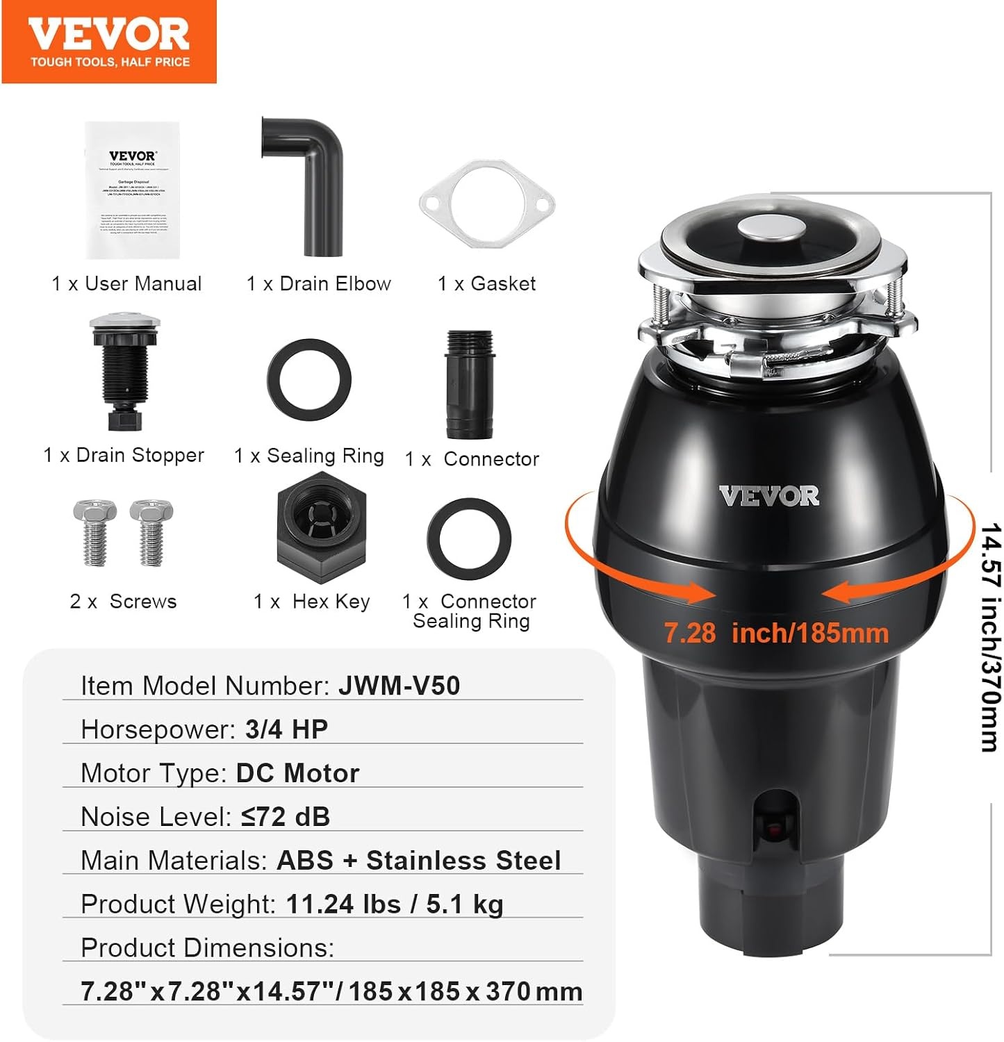 image:imageVEVOR Food Waste Garbage Disposal 34HP 1500RPM AC Motor Continuous Feed Kitchen Sink Garbage Disposer 3Bolt Mount Food Waste Grinding System with Splash Guard amp Power Cord for Kitchens34 HP 3260RPM