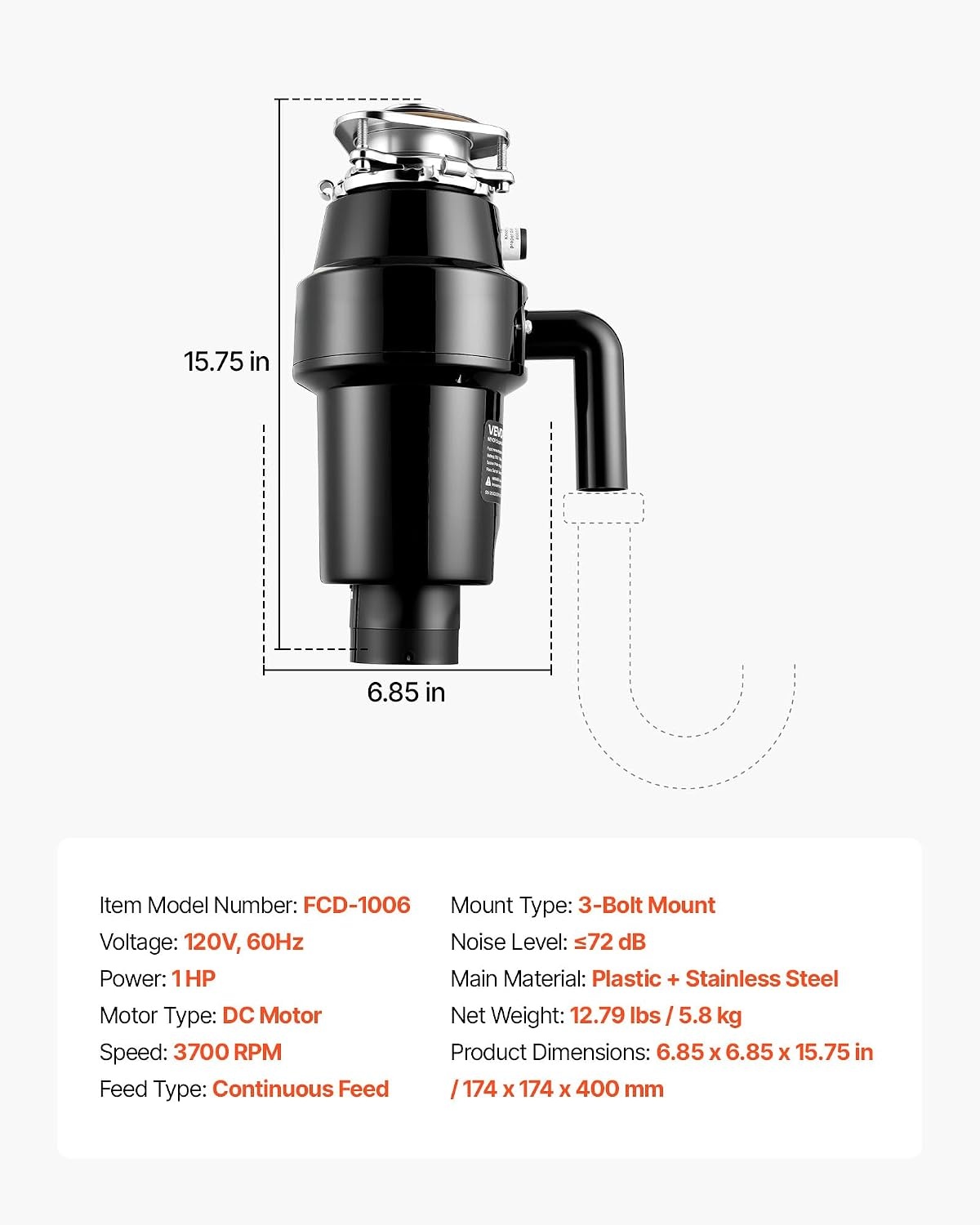 image:imageVEVOR Food Waste Garbage Disposal 34HP 1500RPM AC Motor Continuous Feed Kitchen Sink Garbage Disposer 3Bolt Mount Food Waste Grinding System with Splash Guard amp Power Cord for Kitchens1HP 3700RPM