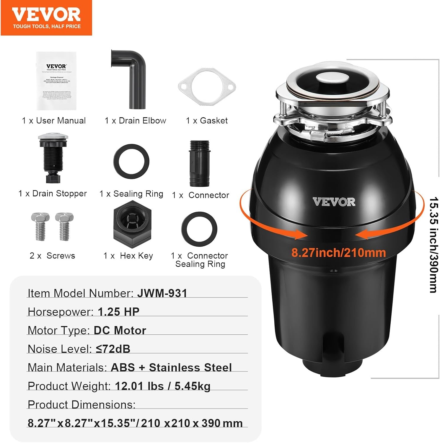 image:imageVEVOR Food Waste Garbage Disposal 34HP 1500RPM AC Motor Continuous Feed Kitchen Sink Garbage Disposer 3Bolt Mount Food Waste Grinding System with Splash Guard amp Power Cord for Kitchens125HP 3360RPM