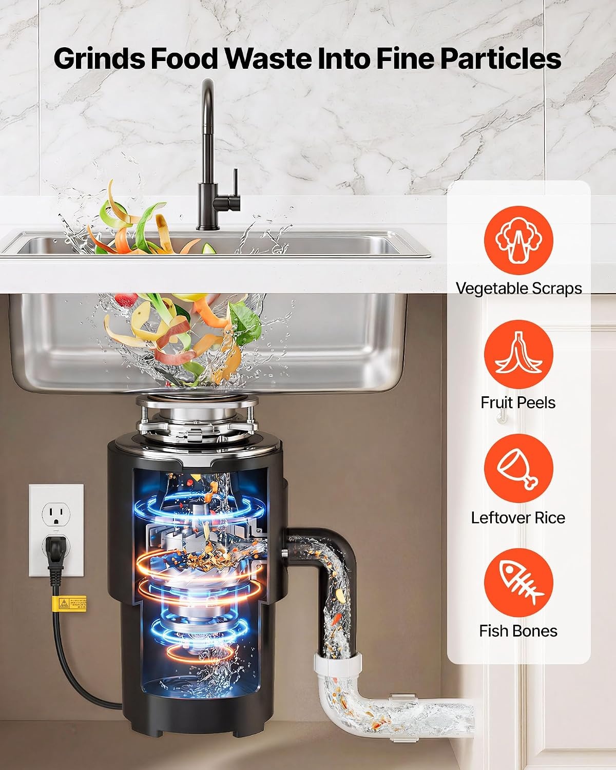 image:imageVEVOR Food Waste Garbage Disposal 34HP 1500RPM AC Motor Continuous Feed Kitchen Sink Garbage Disposer 3Bolt Mount Food Waste Grinding System with Splash Guard amp Power Cord for Kitchens34HP 1500RPM