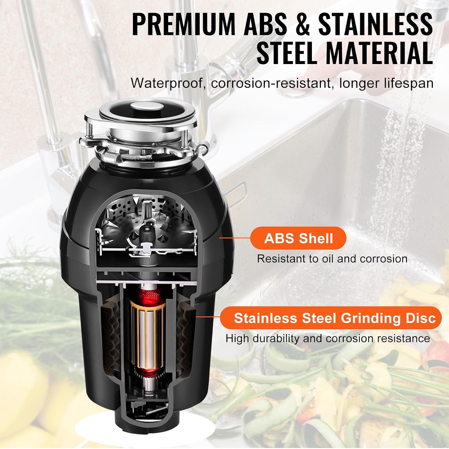 image:imageVEVOR Food Waste Garbage Disposal 34HP 1500RPM AC Motor Continuous Feed Kitchen Sink Garbage Disposer 3Bolt Mount Food Waste Grinding System with Splash Guard amp Power Cord for Kitchens125HP 3360RPM