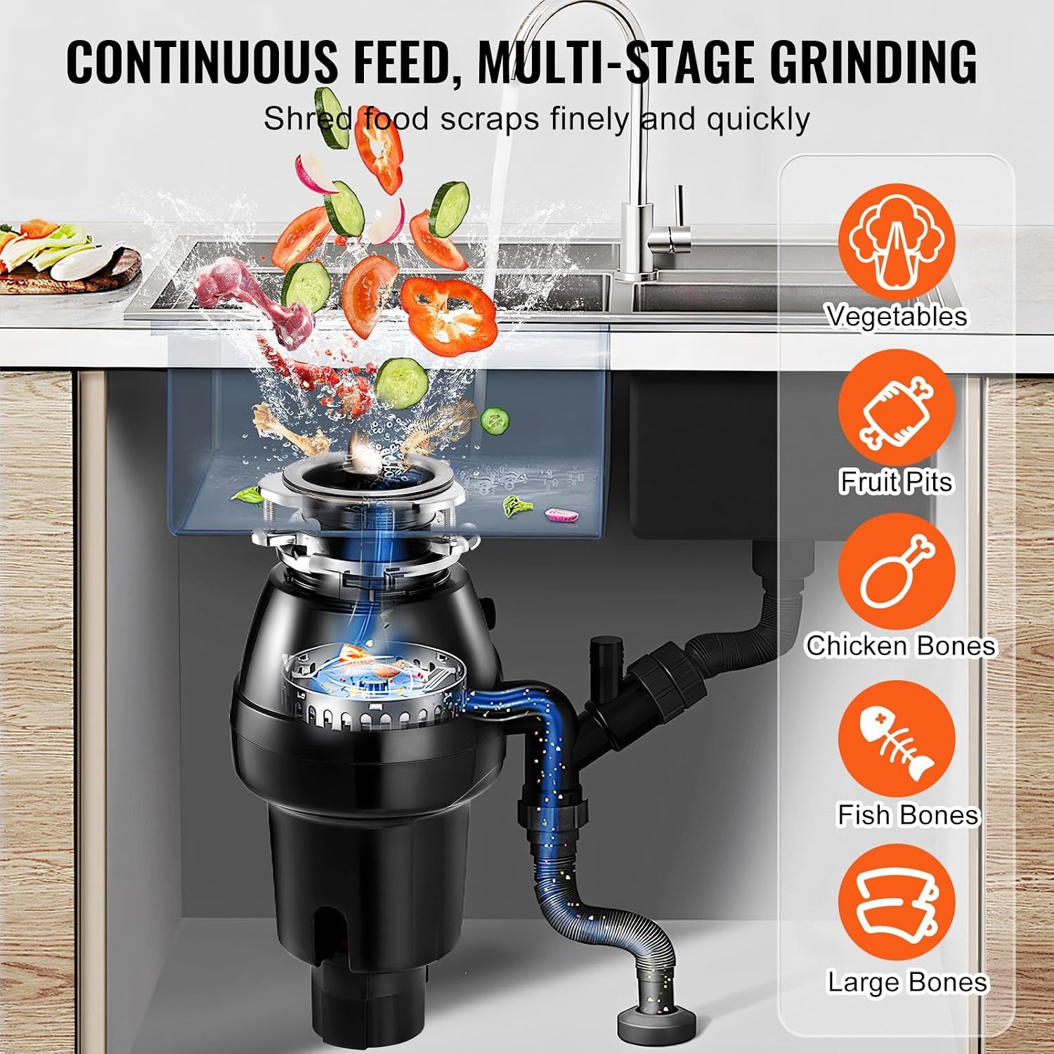 image:imageVEVOR Food Waste Garbage Disposal 34HP 1500RPM AC Motor Continuous Feed Kitchen Sink Garbage Disposer 3Bolt Mount Food Waste Grinding System with Splash Guard amp Power Cord for Kitchens34 HP 3260RPM