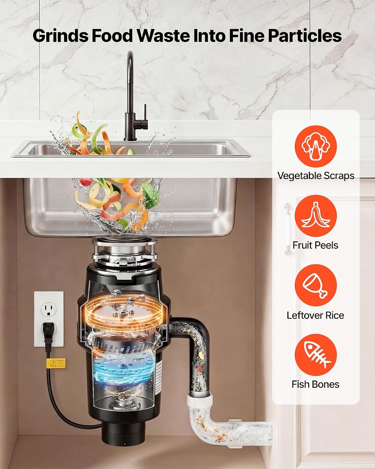 image:imageVEVOR Food Waste Garbage Disposal 34HP 1500RPM AC Motor Continuous Feed Kitchen Sink Garbage Disposer 3Bolt Mount Food Waste Grinding System with Splash Guard amp Power Cord for Kitchens1HP 3700RPM