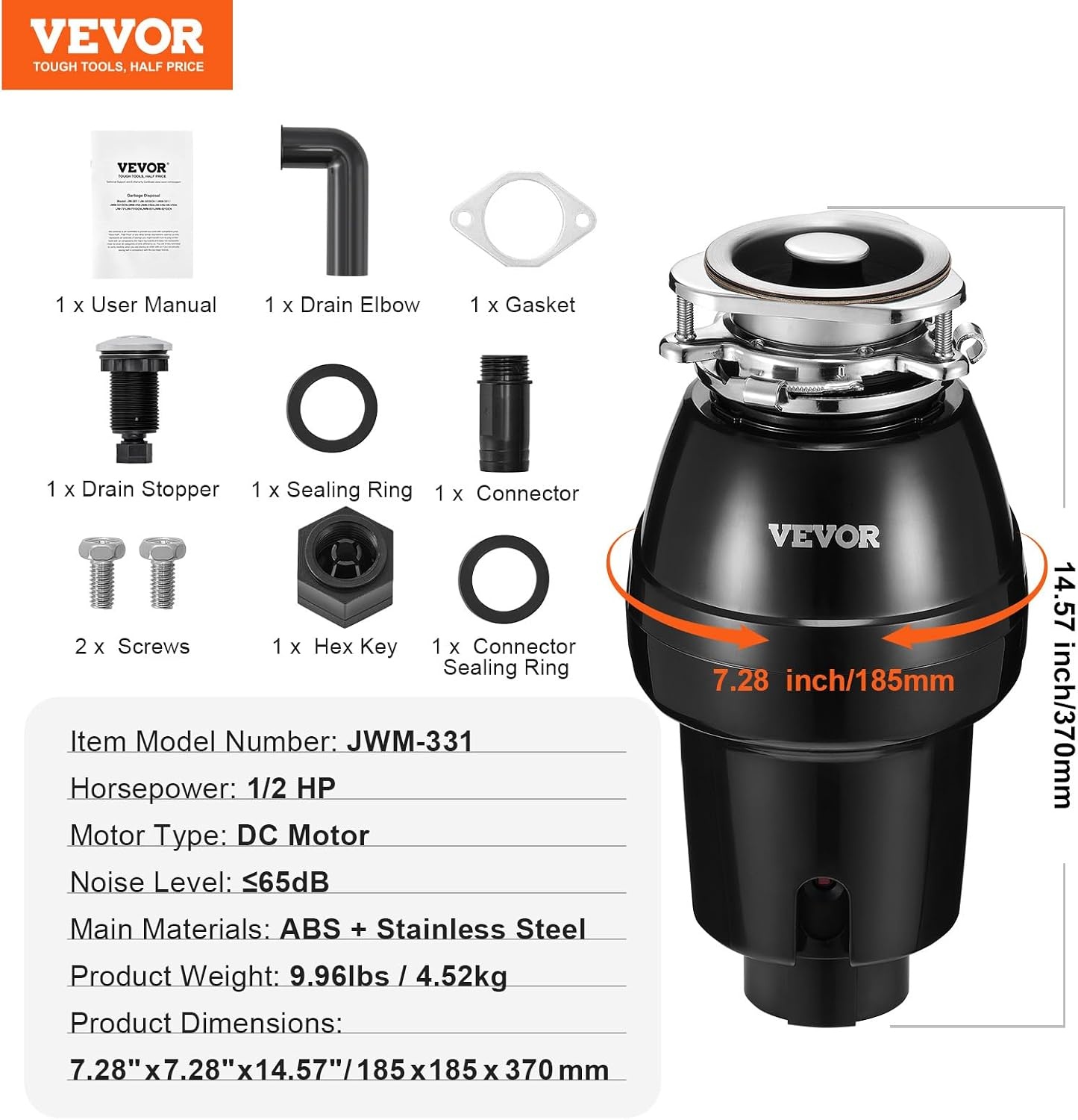 image:imageVEVOR Food Waste Garbage Disposal 34HP 1500RPM AC Motor Continuous Feed Kitchen Sink Garbage Disposer 3Bolt Mount Food Waste Grinding System with Splash Guard amp Power Cord for Kitchens12 HP 3450RPM