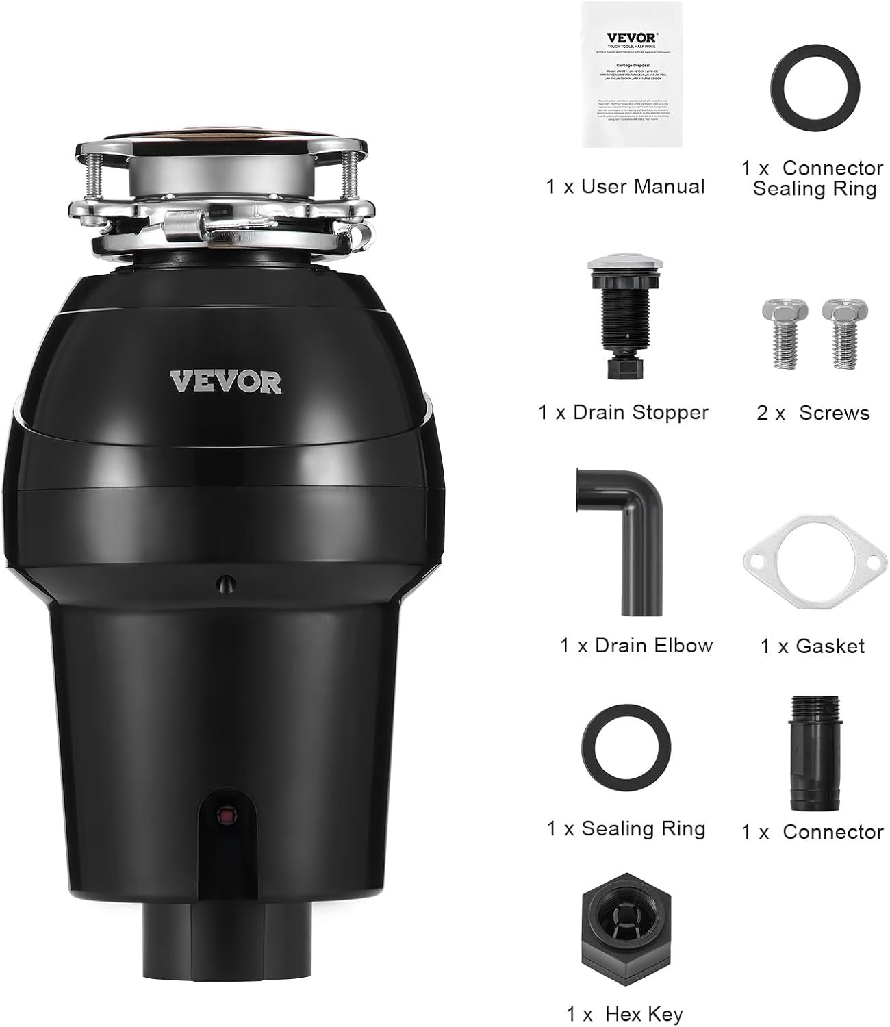 image:imageVEVOR Food Waste Garbage Disposal 34HP 1500RPM AC Motor Continuous Feed Kitchen Sink Garbage Disposer 3Bolt Mount Food Waste Grinding System with Splash Guard amp Power Cord for Kitchens125HP 3360RPM