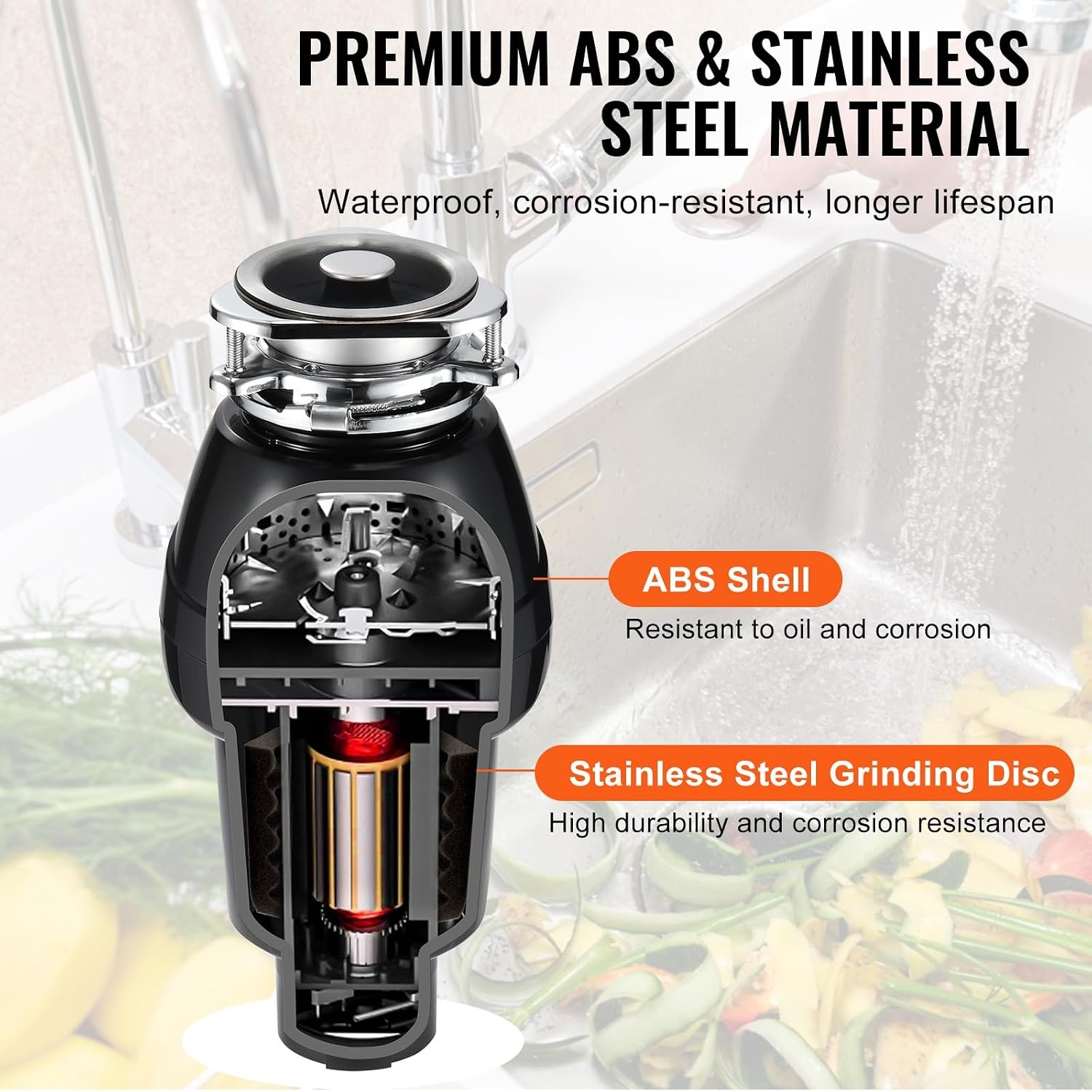 image:imageVEVOR Food Waste Garbage Disposal 34HP 1500RPM AC Motor Continuous Feed Kitchen Sink Garbage Disposer 3Bolt Mount Food Waste Grinding System with Splash Guard amp Power Cord for Kitchens34 HP 3260RPM