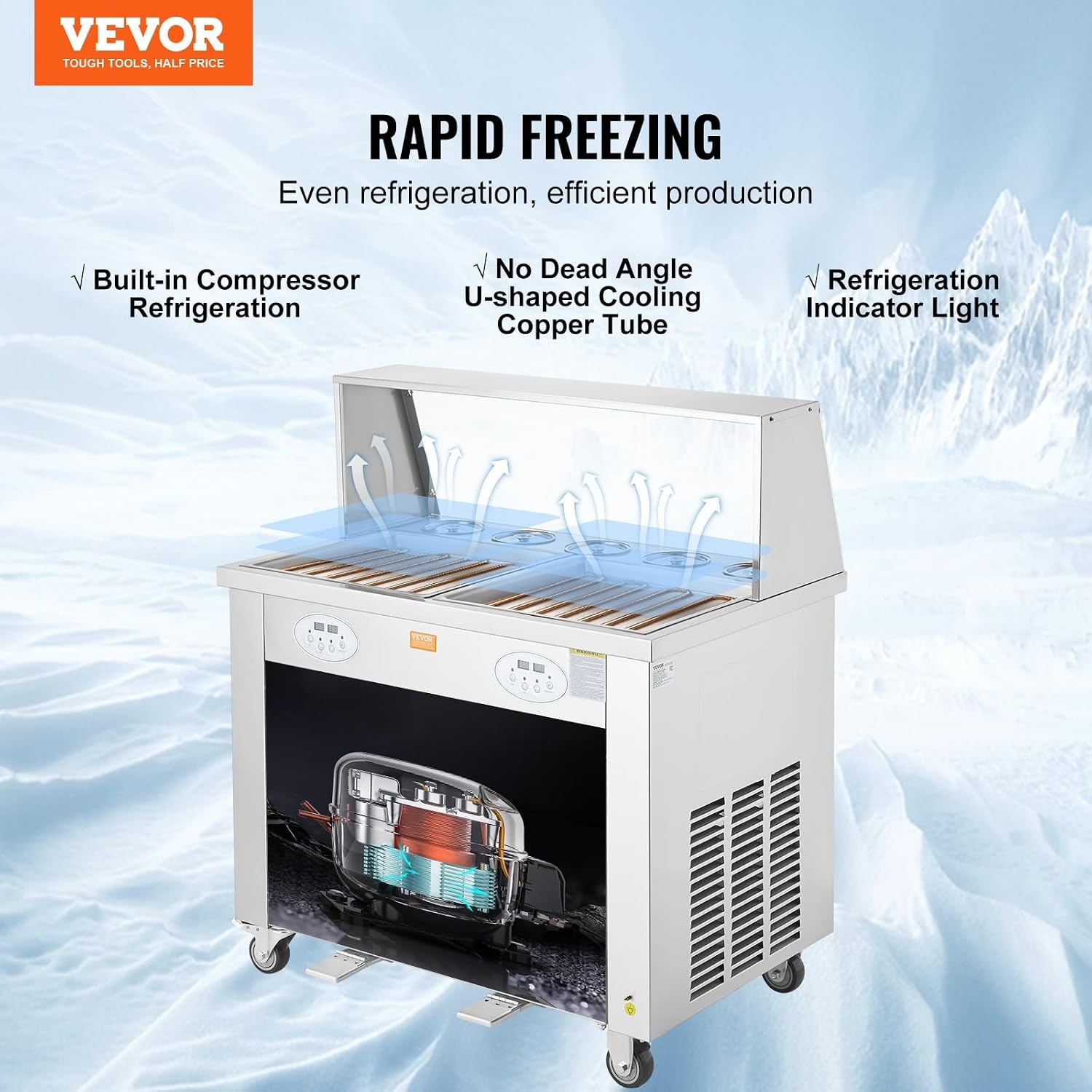 image:imageVEVOR Fried Ice Cream Roll Machine Stainless Steel Commercial Rolled Ice Cream Maker with Compressor and 4 Scrapers2Pcs 177 x 177 Square StirFried Ice Cream Pans for Frozen YogurtIce Cream1750Wdouble pans