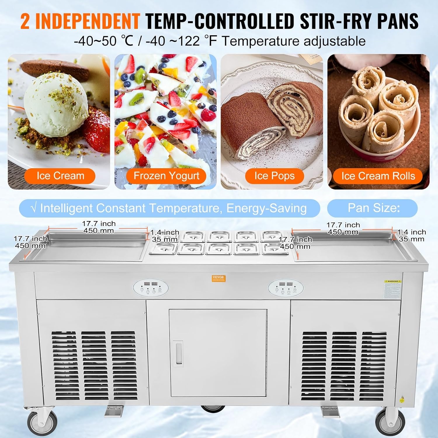 image:imageVEVOR Fried Ice Cream Roll Machine Stainless Steel Commercial Rolled Ice Cream Maker with Compressor and 4 Scrapers2Pcs 177 x 177 Square StirFried Ice Cream Pans for Frozen YogurtIce Cream2100Wdouble pans