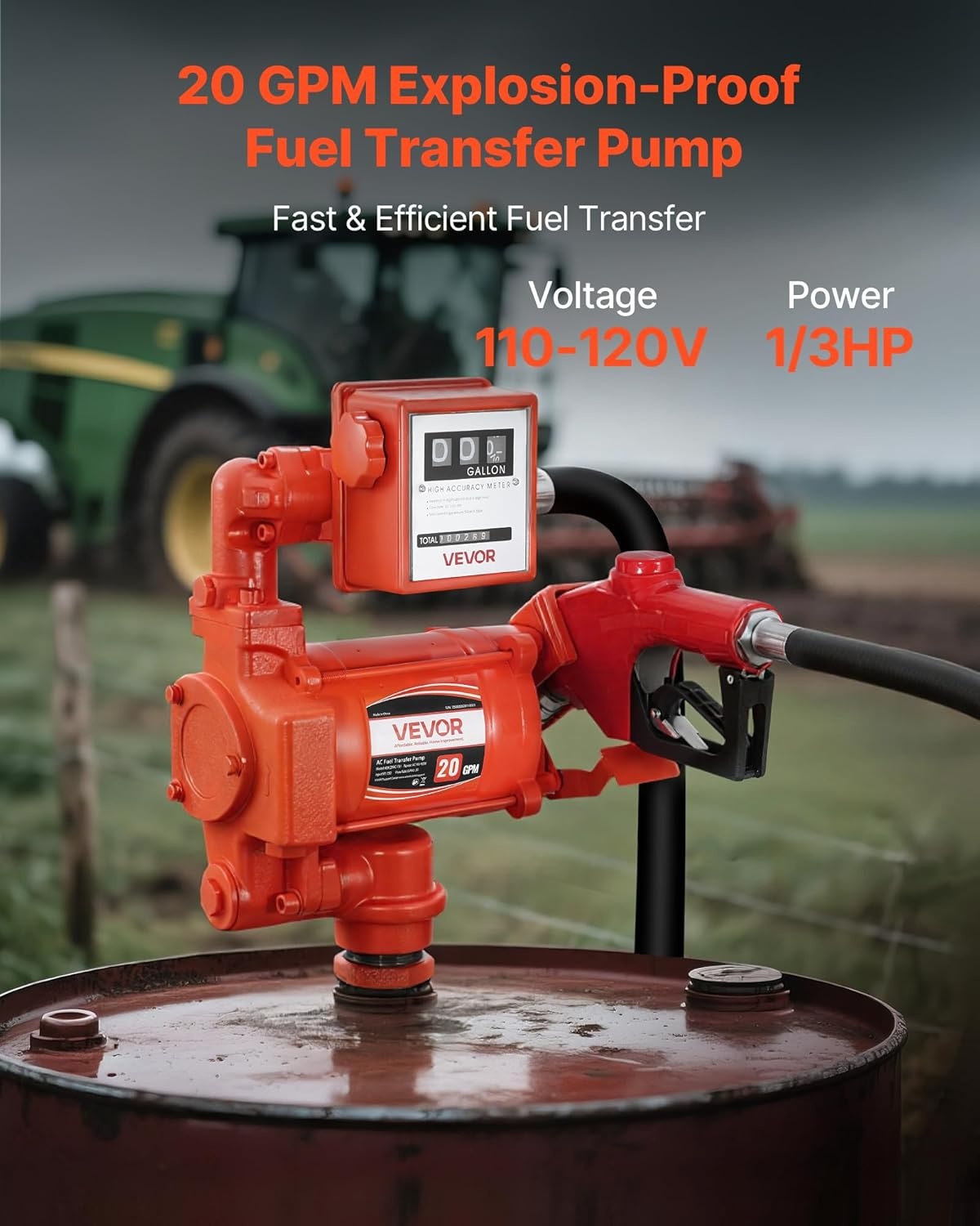 image:imageVEVOR Fuel Transfer Pump 110V 15 GPM 57 Lmin AC Electric Oil Transfer Pump 8 ft24 m Max Suction Lift 37 ft1128 m Max Lift Overheat Protection for Gasoline Diesel Kerosene Biodiesel Ethanol110V 20GPM with Meter