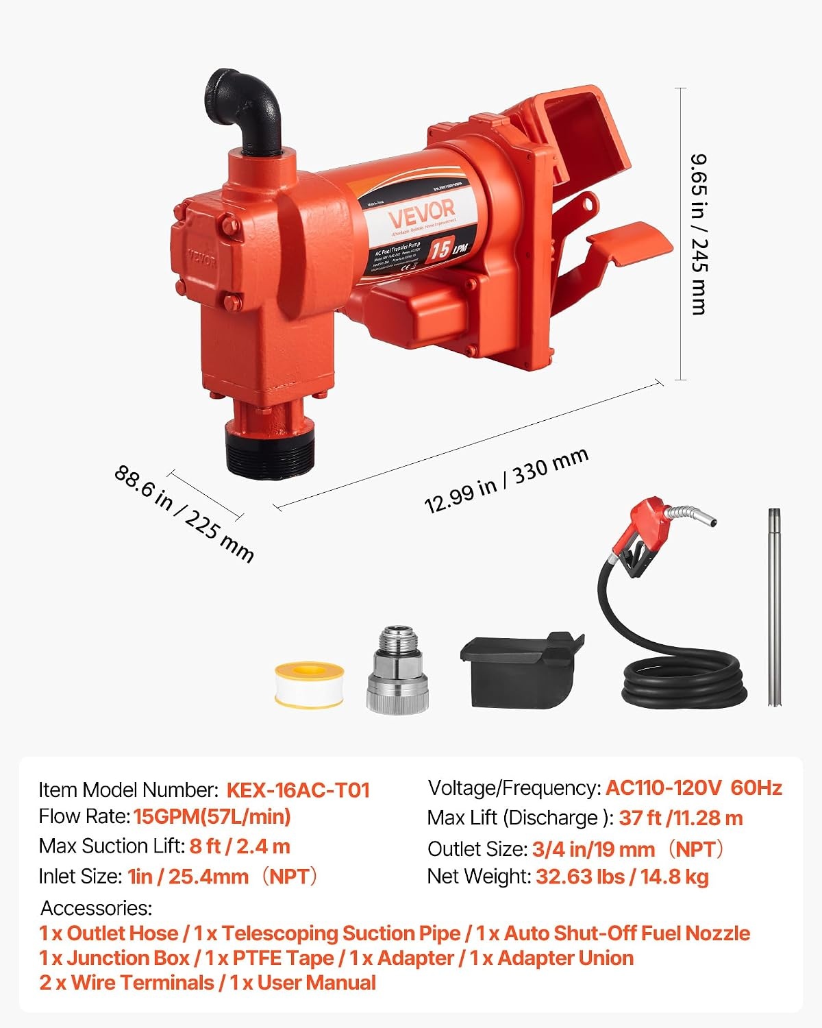 image:imageVEVOR Fuel Transfer Pump 110V 15 GPM 57 Lmin AC Electric Oil Transfer Pump 8 ft24 m Max Suction Lift 37 ft1128 m Max Lift Overheat Protection for Gasoline Diesel Kerosene Biodiesel Ethanol110V 15GPM with Accessories