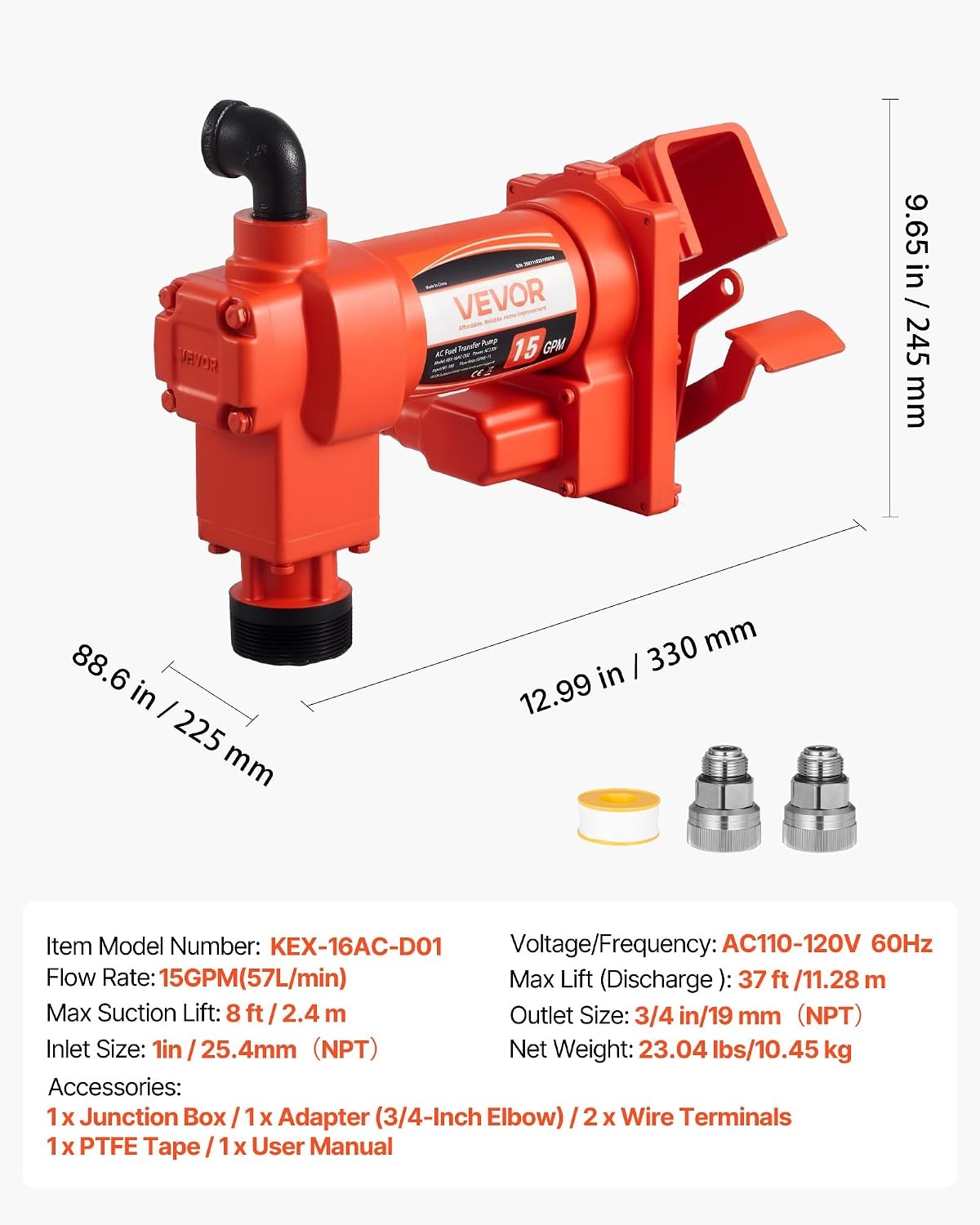 image:imageVEVOR Fuel Transfer Pump 110V 15 GPM 57 Lmin AC Electric Oil Transfer Pump 8 ft24 m Max Suction Lift 37 ft1128 m Max Lift Overheat Protection for Gasoline Diesel Kerosene Biodiesel Ethanol110V 15GPM without Accessories