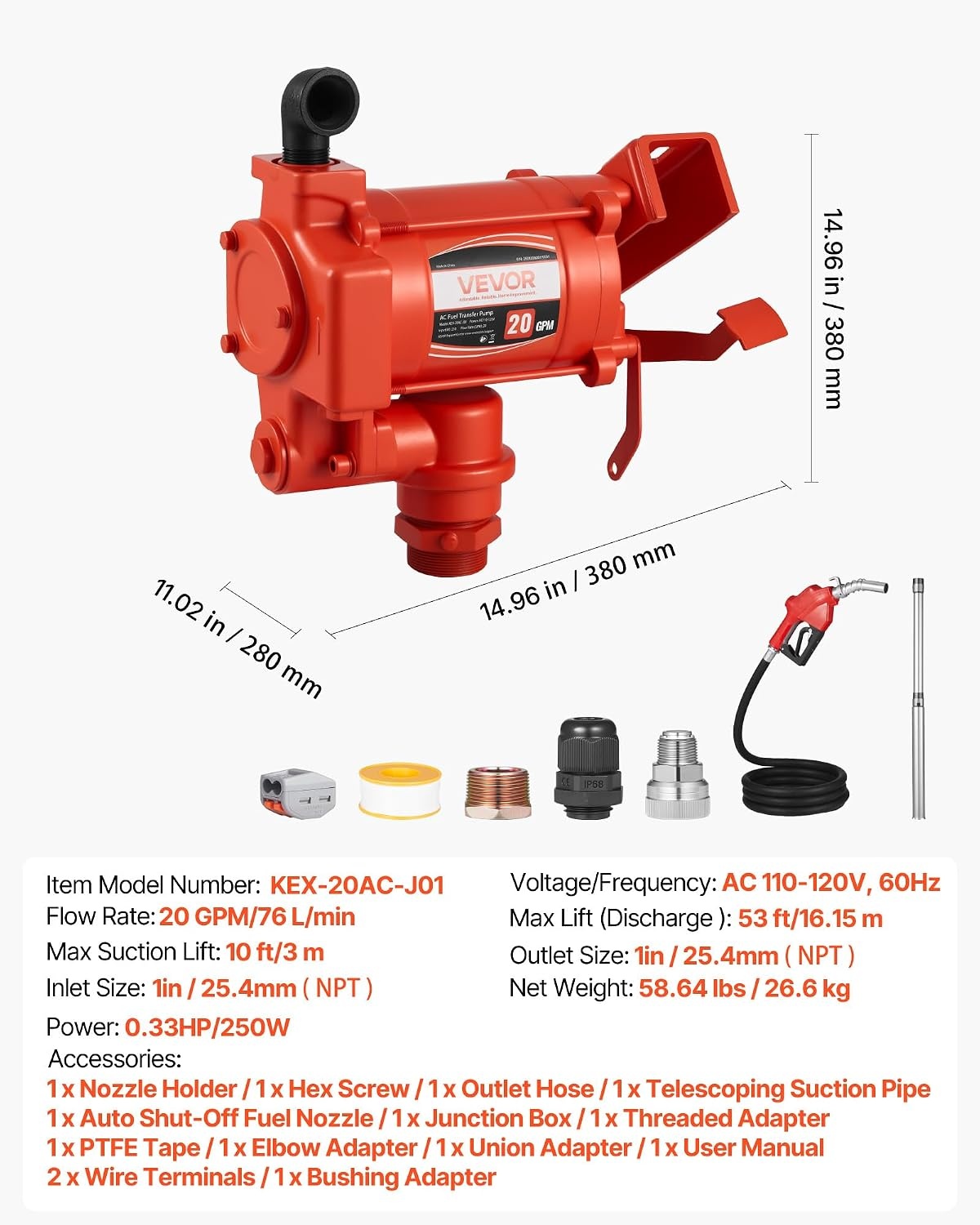 image:imageVEVOR Fuel Transfer Pump 110V 15 GPM 57 Lmin AC Electric Oil Transfer Pump 8 ft24 m Max Suction Lift 37 ft1128 m Max Lift Overheat Protection for Gasoline Diesel Kerosene Biodiesel Ethanol110V 20GPM with Accessories