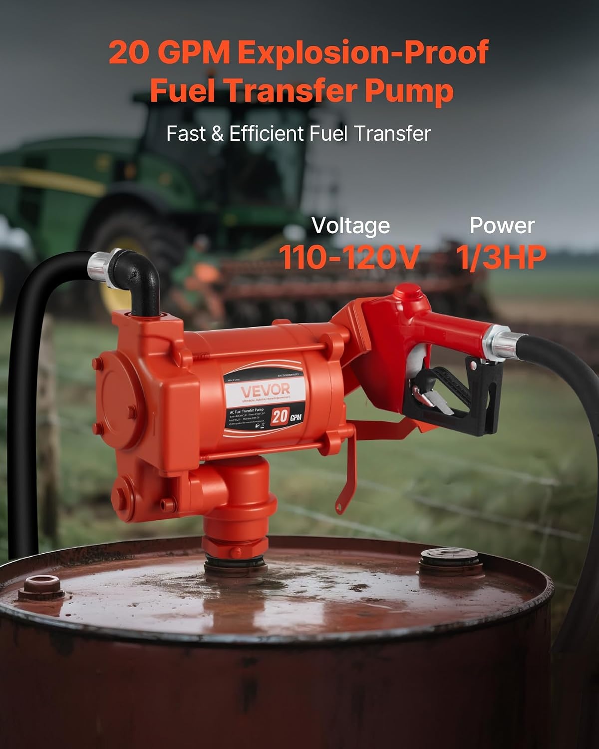 image:imageVEVOR Fuel Transfer Pump 110V 15 GPM 57 Lmin AC Electric Oil Transfer Pump 8 ft24 m Max Suction Lift 37 ft1128 m Max Lift Overheat Protection for Gasoline Diesel Kerosene Biodiesel Ethanol110V 20GPM with Accessories