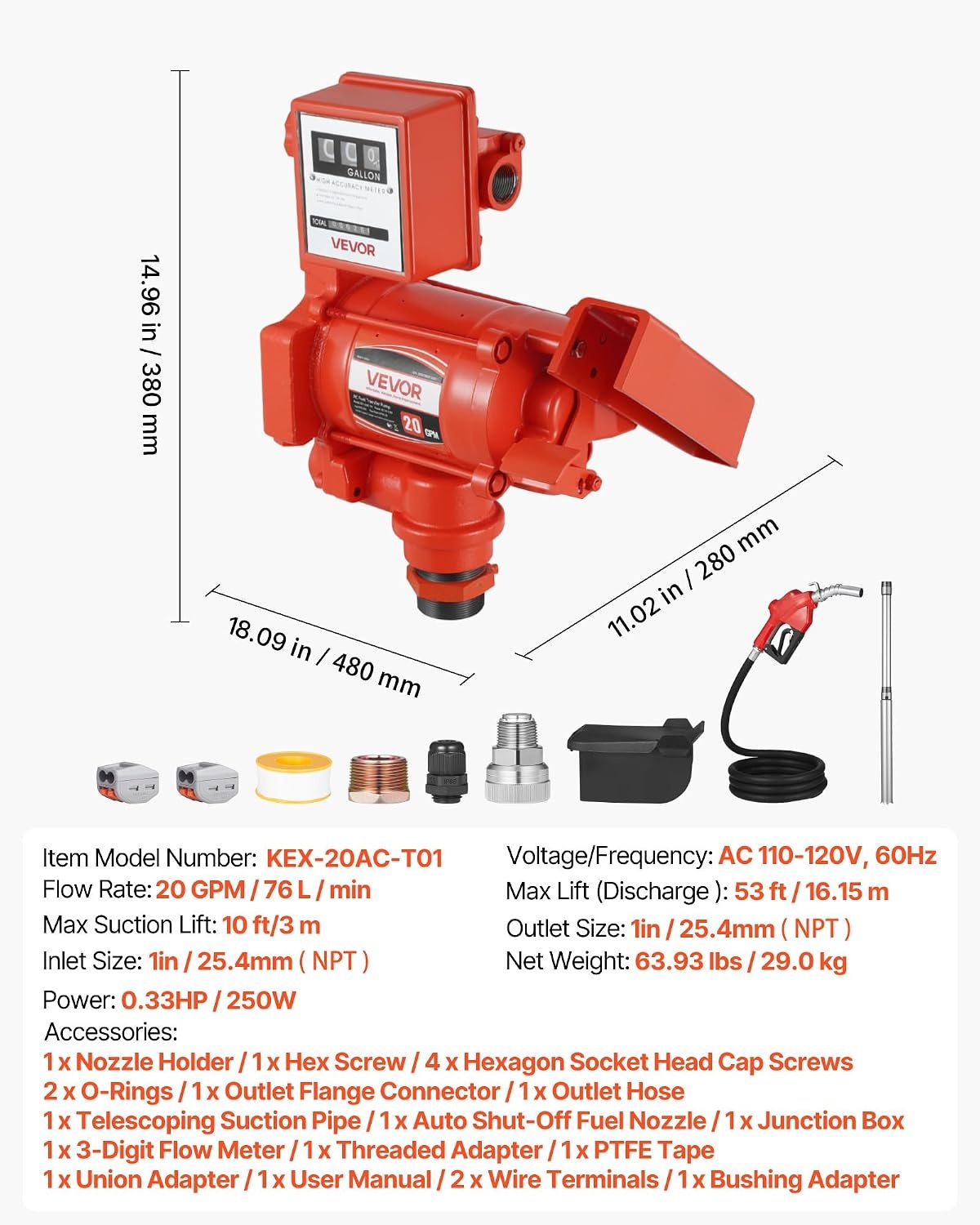 image:imageVEVOR Fuel Transfer Pump 110V 15 GPM 57 Lmin AC Electric Oil Transfer Pump 8 ft24 m Max Suction Lift 37 ft1128 m Max Lift Overheat Protection for Gasoline Diesel Kerosene Biodiesel Ethanol110V 20GPM with Meter