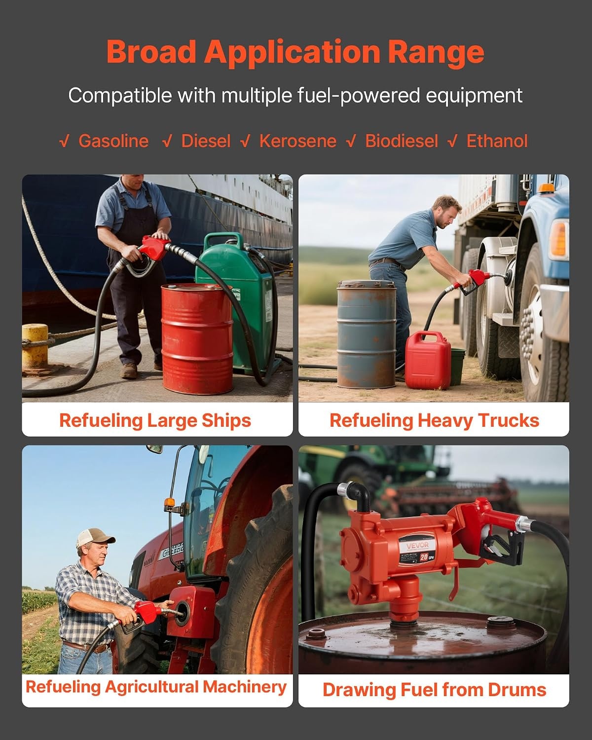 image:imageVEVOR Fuel Transfer Pump 110V 15 GPM 57 Lmin AC Electric Oil Transfer Pump 8 ft24 m Max Suction Lift 37 ft1128 m Max Lift Overheat Protection for Gasoline Diesel Kerosene Biodiesel Ethanol110V 20GPM with Accessories