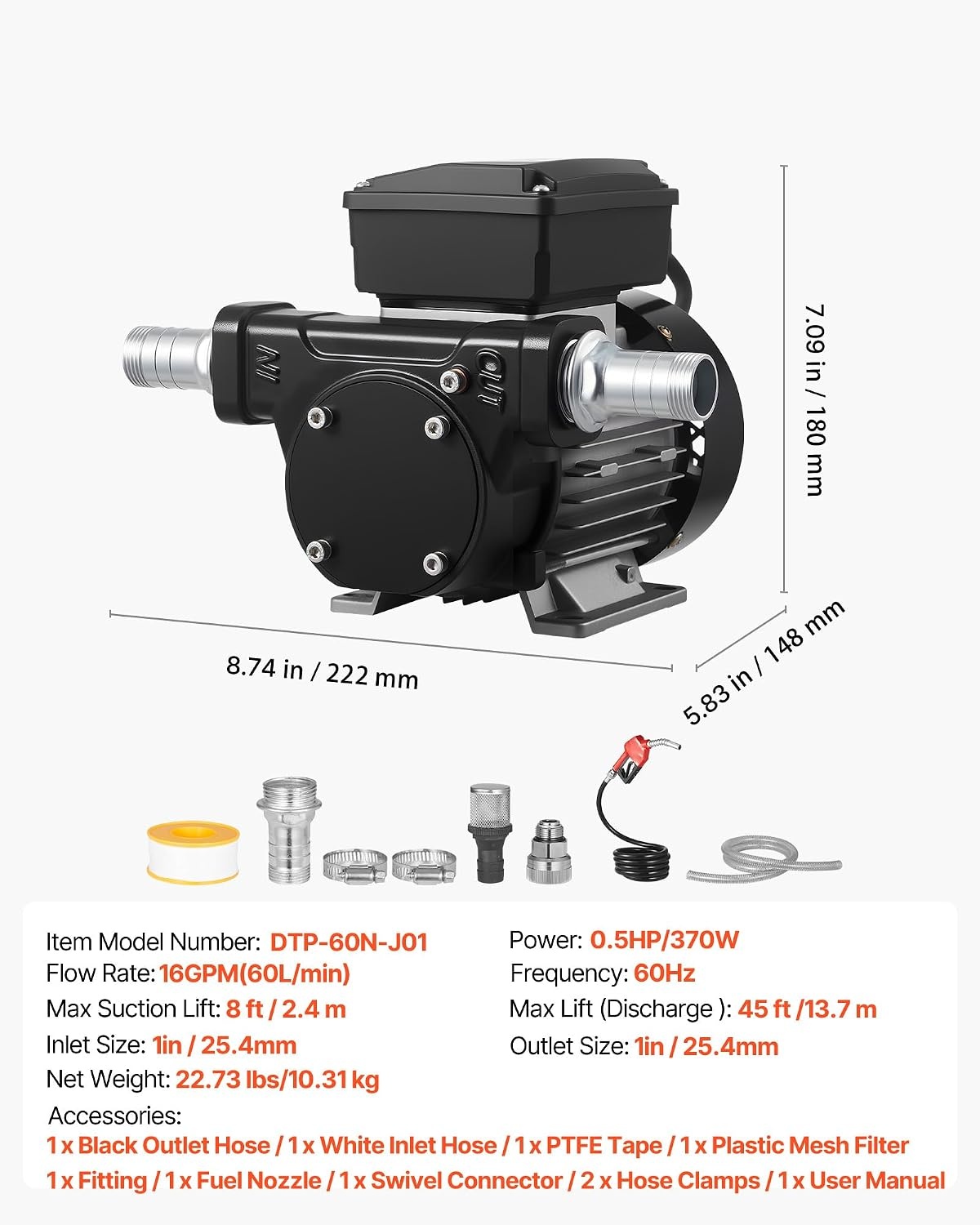 image:imageVEVOR Fuel Transfer Pump 110V 16 GPM 60 Lmin AC Electric Oil Transfer Pump for Diesel Kerosene Biodiesel with Auto Fuel Nozzle amp 2 Hoses 45 ft137 m Max Lift for Vehicles Construction Sites