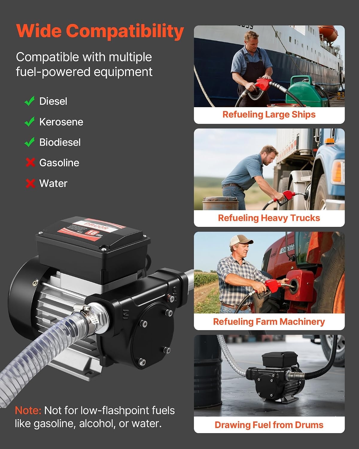 image:imageVEVOR Fuel Transfer Pump 110V 16 GPM 60 Lmin AC Electric Oil Transfer Pump for Diesel Kerosene Biodiesel with Auto Fuel Nozzle amp 2 Hoses 45 ft137 m Max Lift for Vehicles Construction Sites