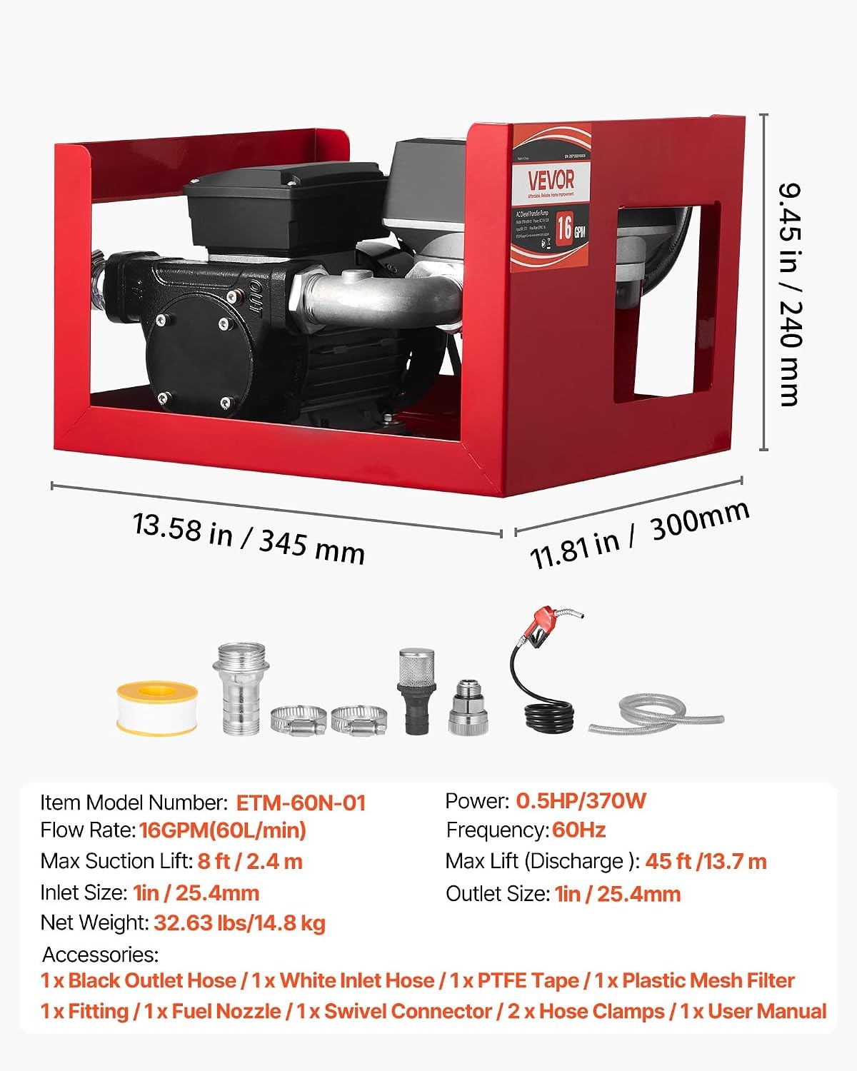 image:imageVEVOR Fuel Transfer Pump 110V 16 GPM 60 Lmin AC Electric Oil Transfer Pump for Diesel Kerosene Biodiesel with Meter Auto Fuel Nozzle amp 2 Hoses 45 ft137 m Lift for Vehicles Construction Sites