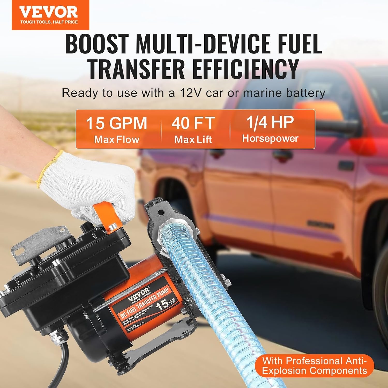 image:imageVEVOR Fuel Transfer Pump 12V DC 15 GPM 14 HP Portable Electric Diesel Transfer Pump with Auto ShutOff Fuel Nozzle Long Inlet amp Outlet Hose for Gasoline Diesel Kerosene Methanol Blends
