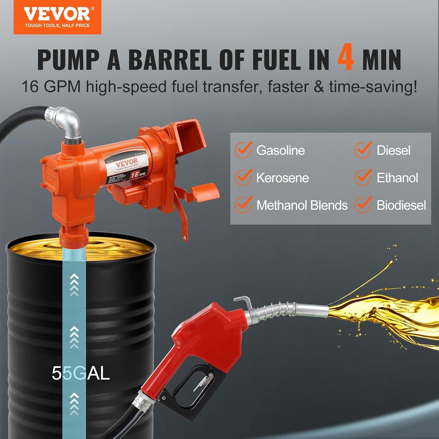image:imageVEVOR Fuel Transfer Pump 12V DC 20 GPM 14 HP Gasoline Extractor Pump with Automatic Nozzle Discharge Hose amp Suction Pipe for Gasoline Diesel Kerosene Ethanol amp Methanol Blends and Biodiesel12V 16GPM with Accessories