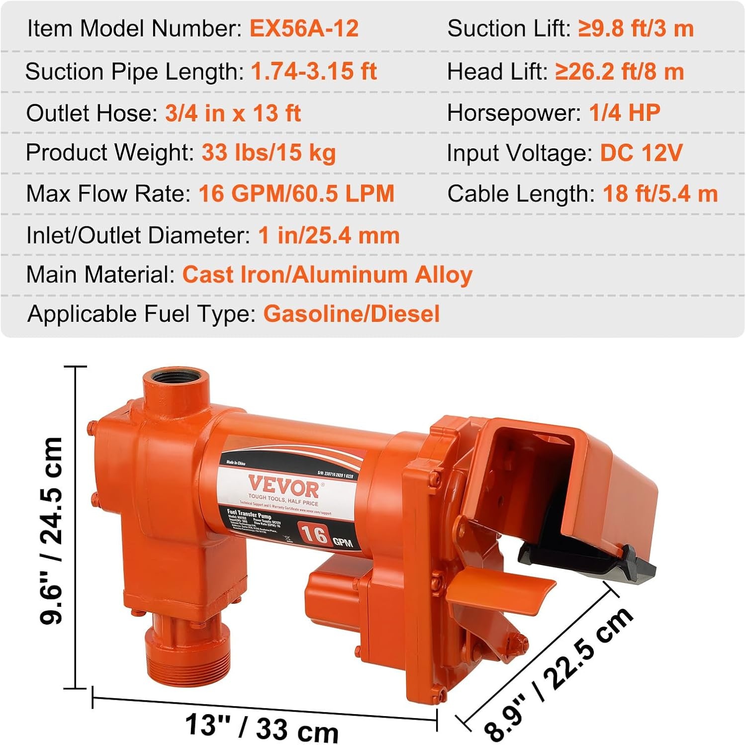 image:imageVEVOR Fuel Transfer Pump 12V DC 20 GPM 14 HP Gasoline Extractor Pump with Automatic Nozzle Discharge Hose amp Suction Pipe for Gasoline Diesel Kerosene Ethanol amp Methanol Blends and Biodiesel12V 16GPM with Accessories