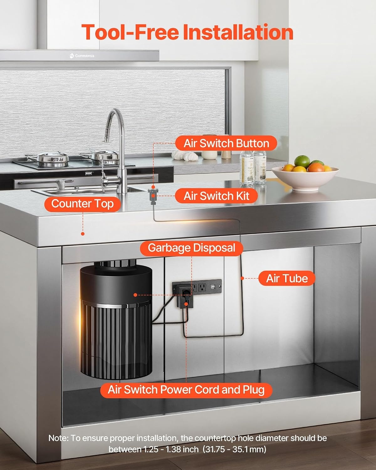 image:imageVEVOR Garbage Disposal Air Switch Kit 25 Sink Top Air Switch for Food Waste Disposal Brushed Silver Stainless Steel ONOFF Air Button for Waste Disposer Suitable for Stainless Steel CountertopsBrushed Silver