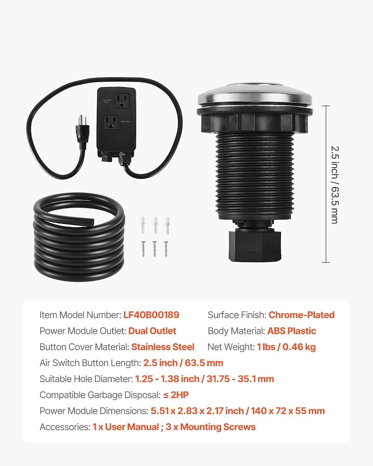 image:imageVEVOR Garbage Disposal Air Switch Kit 25 Sink Top Air Switch for Food Waste Disposal Brushed Silver Stainless Steel ONOFF Air Button for Waste Disposer Suitable for Stainless Steel CountertopsChromePlated Stainless