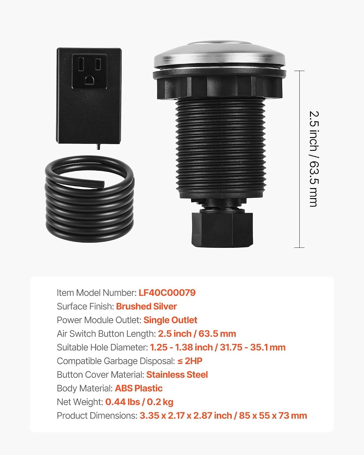 image:imageVEVOR Garbage Disposal Air Switch Kit 25 Sink Top Air Switch for Food Waste Disposal Brushed Silver Stainless Steel ONOFF Air Button for Waste Disposer Suitable for Stainless Steel CountertopsBrushed Silver