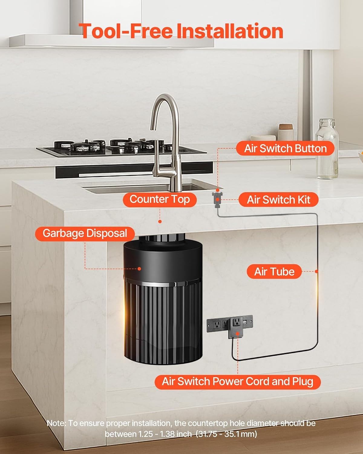image:imageVEVOR Garbage Disposal Air Switch Kit 25 Sink Top Air Switch for Food Waste Disposal Brushed Silver Stainless Steel ONOFF Air Button for Waste Disposer Suitable for Stainless Steel CountertopsBrushed Silver