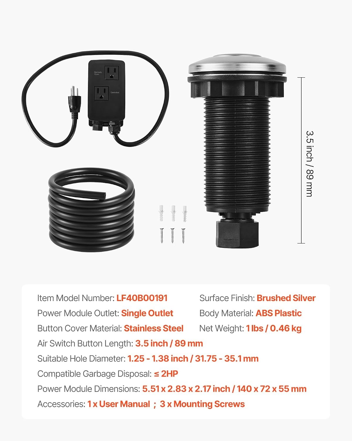 image:imageVEVOR Garbage Disposal Air Switch Kit 25 Sink Top Air Switch for Food Waste Disposal Brushed Silver Stainless Steel ONOFF Air Button for Waste Disposer Suitable for Stainless Steel CountertopsBrushed Silver