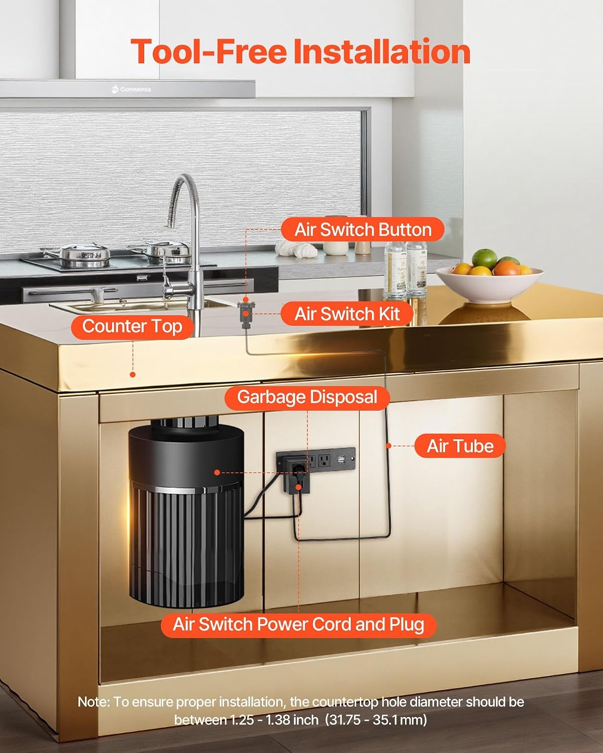 image:imageVEVOR Garbage Disposal Air Switch Kit 25 Sink Top Air Switch for Food Waste Disposal Brushed Silver Stainless Steel ONOFF Air Button for Waste Disposer Suitable for Stainless Steel CountertopsBrushed Gold