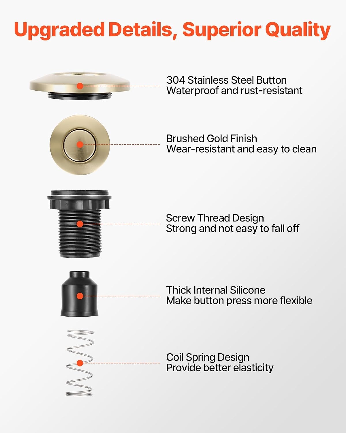 image:imageVEVOR Garbage Disposal Air Switch Kit 25 Sink Top Air Switch for Food Waste Disposal Brushed Silver Stainless Steel ONOFF Air Button for Waste Disposer Suitable for Stainless Steel CountertopsBrushed Gold