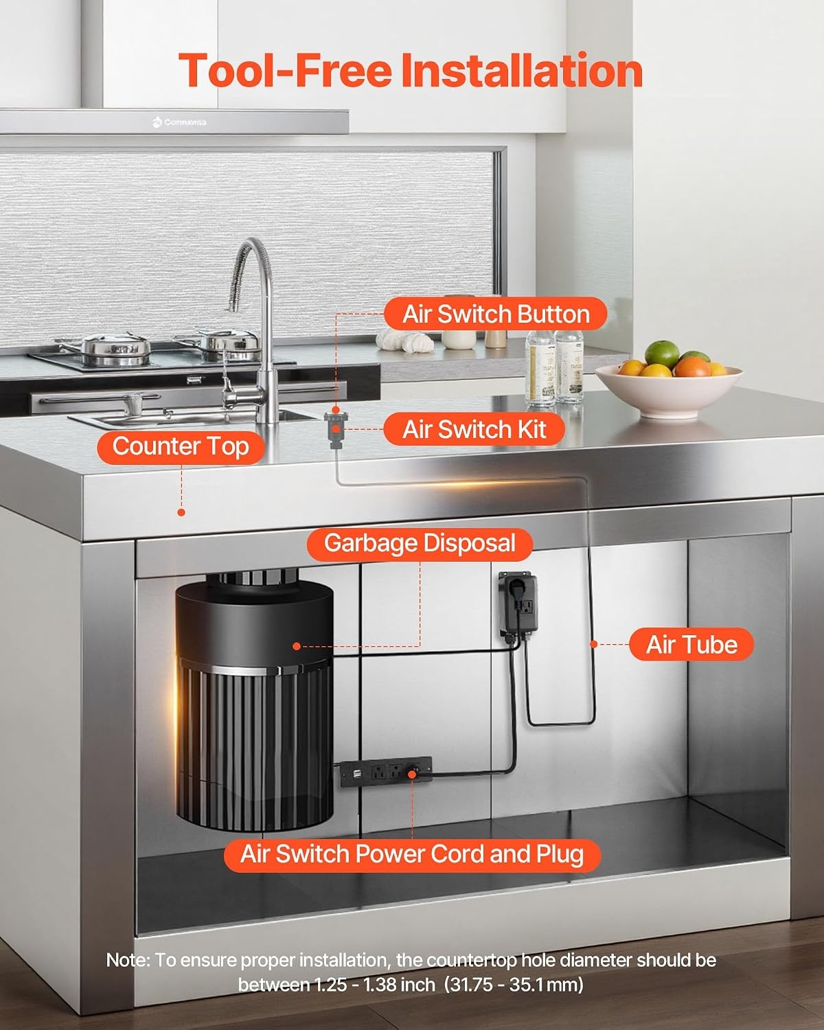 image:imageVEVOR Garbage Disposal Air Switch Kit 25 Sink Top Air Switch for Food Waste Disposal Brushed Silver Stainless Steel ONOFF Air Button for Waste Disposer Suitable for Stainless Steel CountertopsChromePlated Stainless