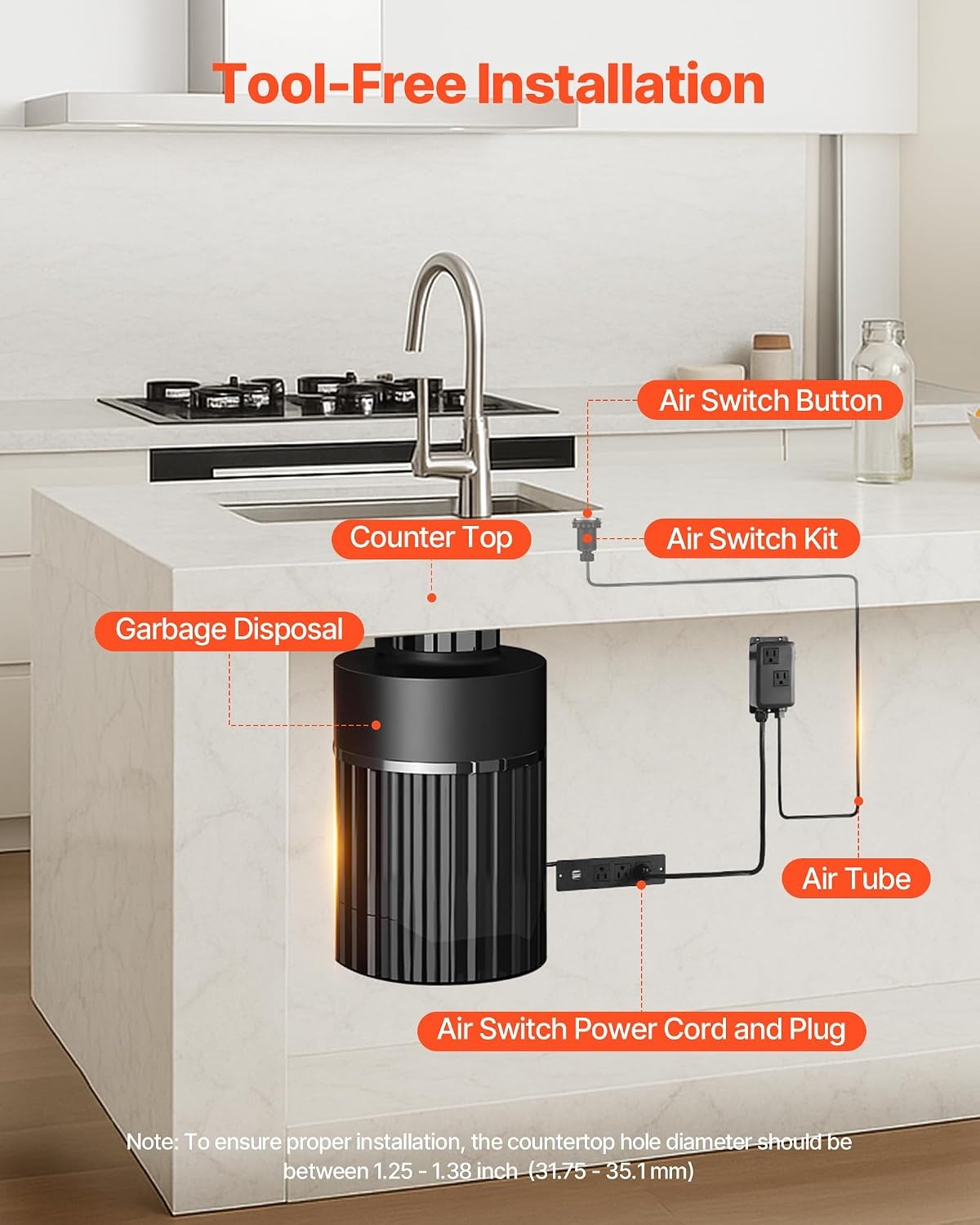 image:imageVEVOR Garbage Disposal Air Switch Kit 25 Sink Top Air Switch for Food Waste Disposal Brushed Silver Stainless Steel ONOFF Air Button for Waste Disposer Suitable for Stainless Steel CountertopsBrushed Silver