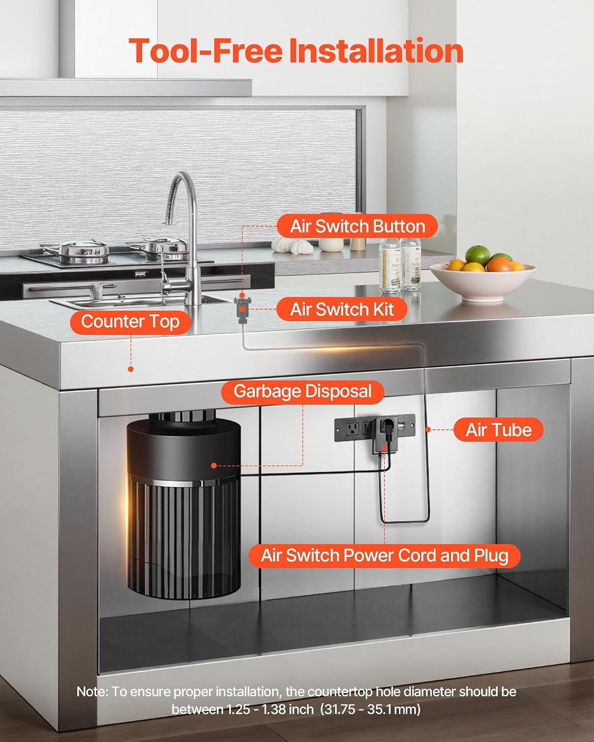 image:imageVEVOR Garbage Disposal Air Switch Kit 25 Sink Top Air Switch for Food Waste Disposal Polished Stainless Steel ONOFF Air Push Button for Waste Disposer Suitable for Stainless Steel Countertops