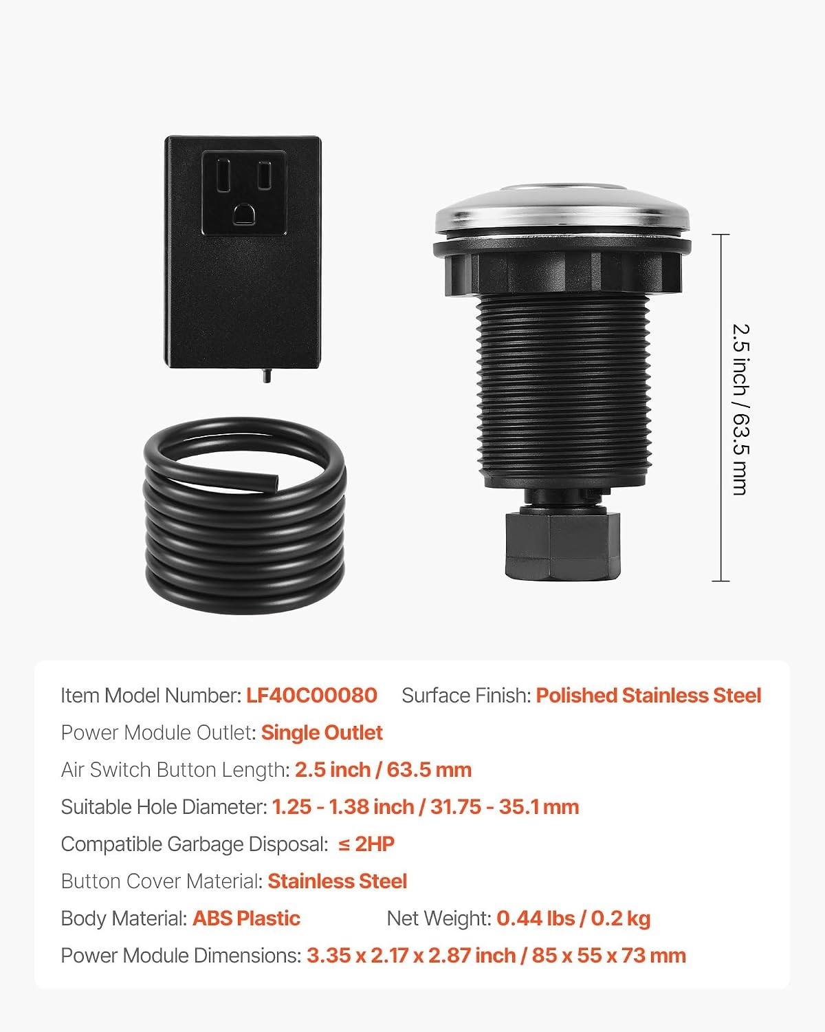 image:imageVEVOR Garbage Disposal Air Switch Kit 25 Sink Top Air Switch for Food Waste Disposal Polished Stainless Steel ONOFF Air Push Button for Waste Disposer Suitable for Stainless Steel Countertops